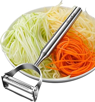 2 in1Julienne Vegetable Peeler,Stainless Steel Silver | Multi functional Peeler one-piece metal construction prevents the blades from wobbling or becoming loose after prolonged use