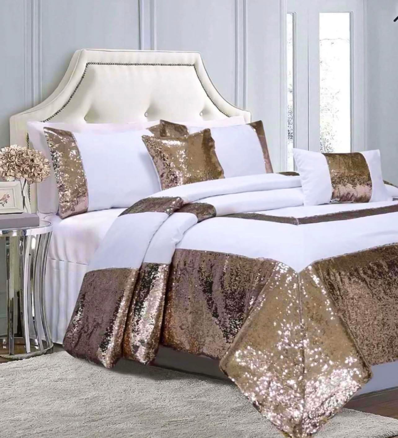 Glitter Flip Sequins Comforter Set - 100% Microfiber, Soft & Confortable, 2 Standard Shams, 2 Throw Pillows, 1 Decorative Pillow (Queen)