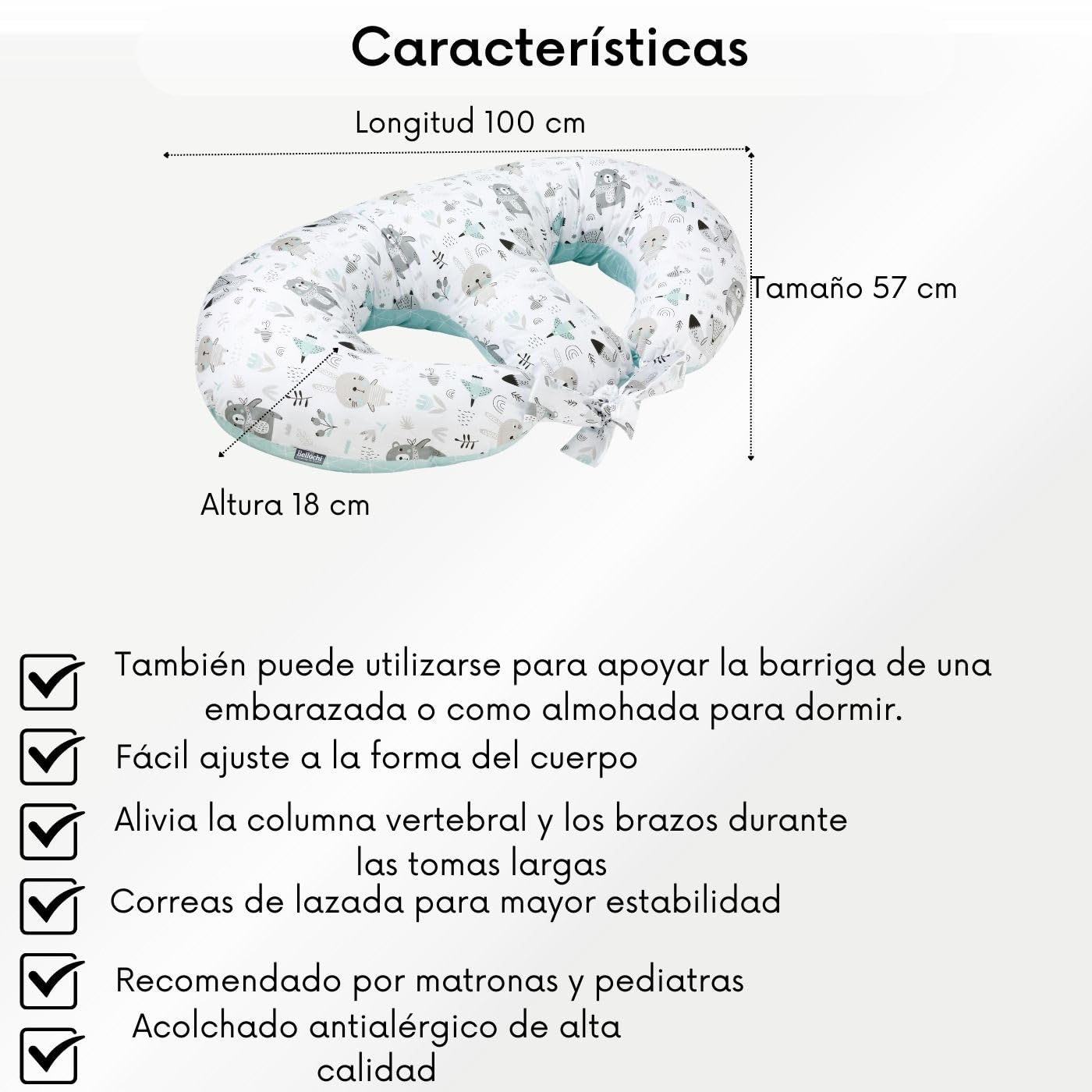 Bellochi Amohada Embarazada para Gemelos - Algodón - Cojin Lactancia con Funda - 40x60 cm - Almohada de Posicionamiento del Bebé - Animaland
