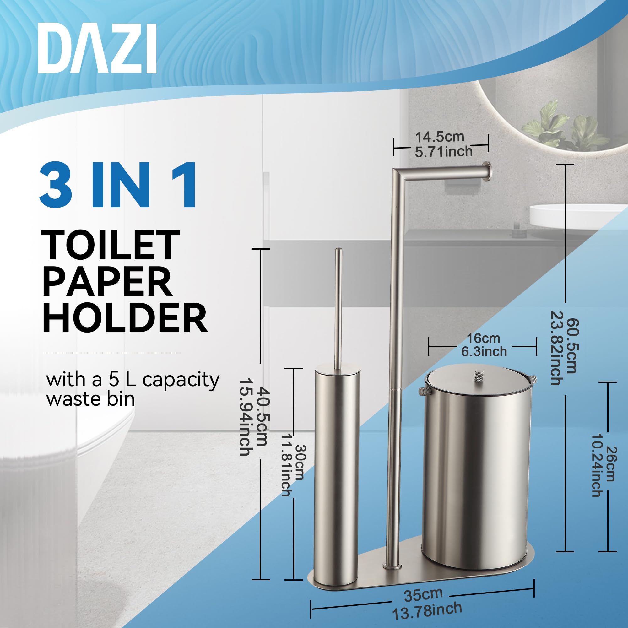 DAZI Portarrollos Papel higiénico con escobilla WC y Papelera, Set 3-en-1 de Acero Inoxidable con 2 Cepillo PP, Portarrollos para baño Ideal para Hogar, Apartamento y Aseo (Nickel Cepillado)
