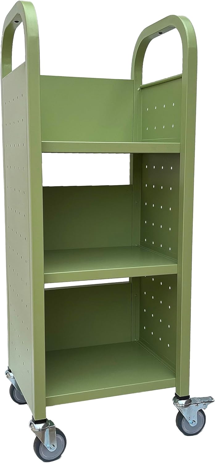 Workington Single Bank Rolling Book Truck Book Cart with 3 Flat Shelves, Library Book Cart with Swivel Lockable Casters 3000 Apple Green