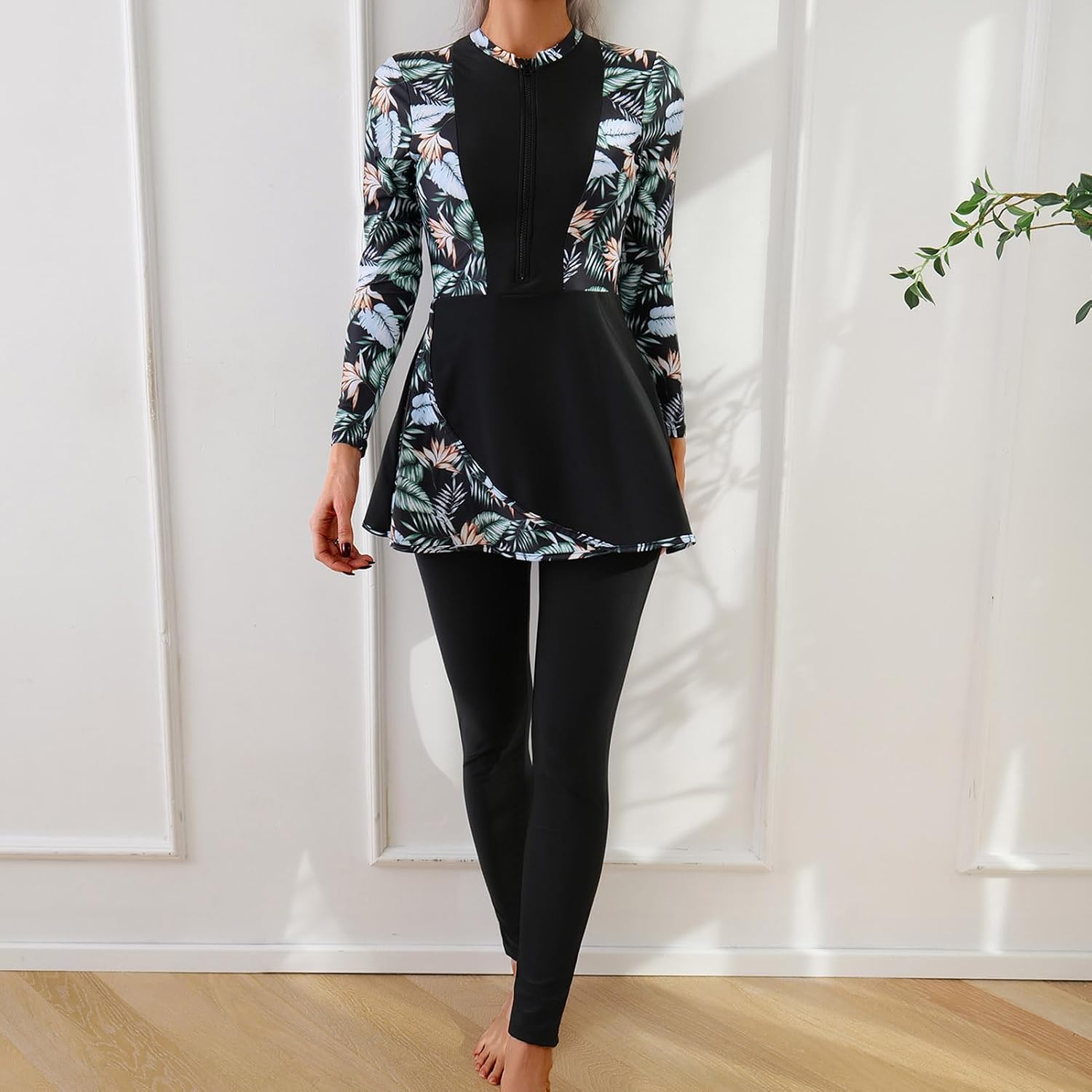 OBEEII Womens Muslim Swimsuits Rash Guard Full Coverage Long Sleeve Floral Print Swimwear Burkini Summer Islamic Beachwear