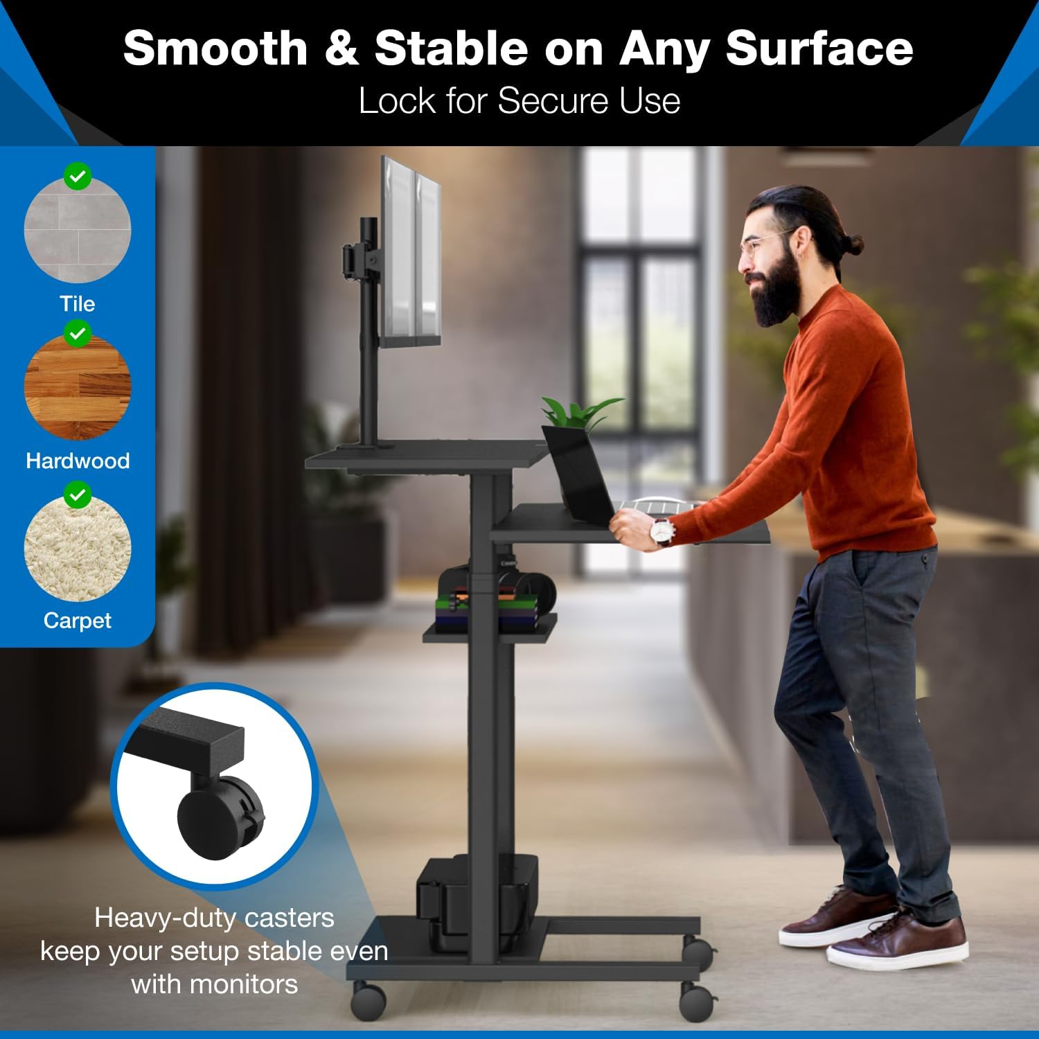 Mount-It! Mobile Standing Desk with Dual Monitor Mount - 40 Inch Wide Height Adjustable Rolling Computer Workstation with Four Wheels,