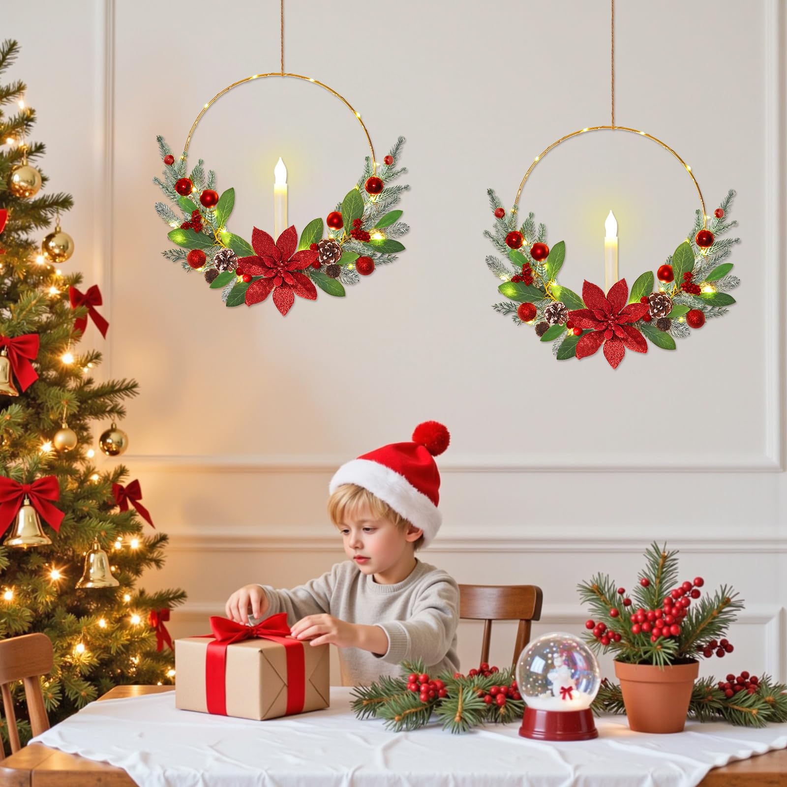 Betylifoy Weihnachtskranz für Haustür, 40,6 cm, roter Weihnachtskranz mit LED-Kerzenlichtern, Weihnachtskränze für Haustür, Fenster, Kamin, Weihnachtsdekoration, Rot, 2 Stück