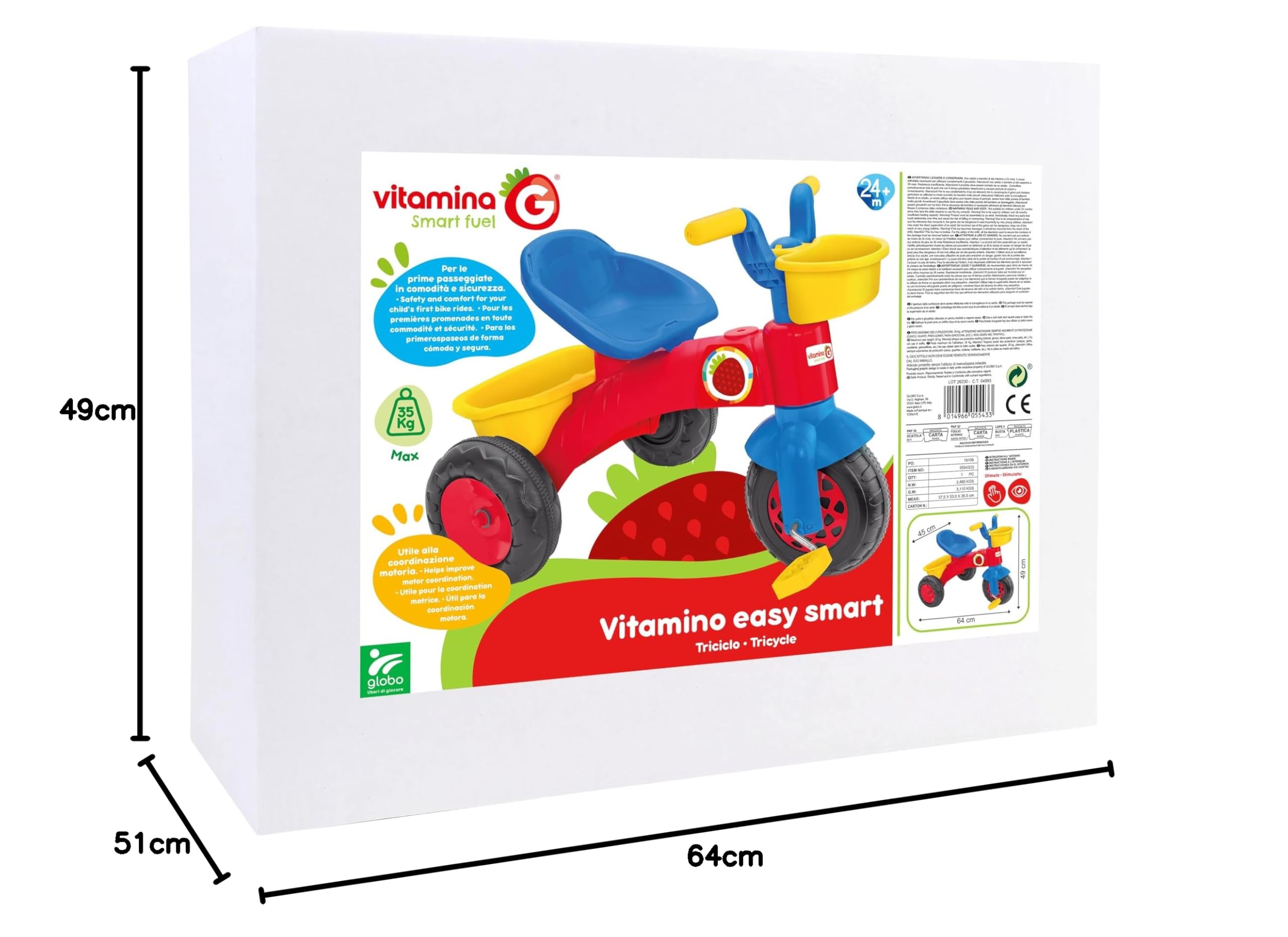 Triciclo Vitamino Easy Smart - Dimensioni 64 x 51 x 49 cm - A pedali - Sellino ergonomico e Porta oggetti - Per la prima infanzia - Globo Giocattoli 05543