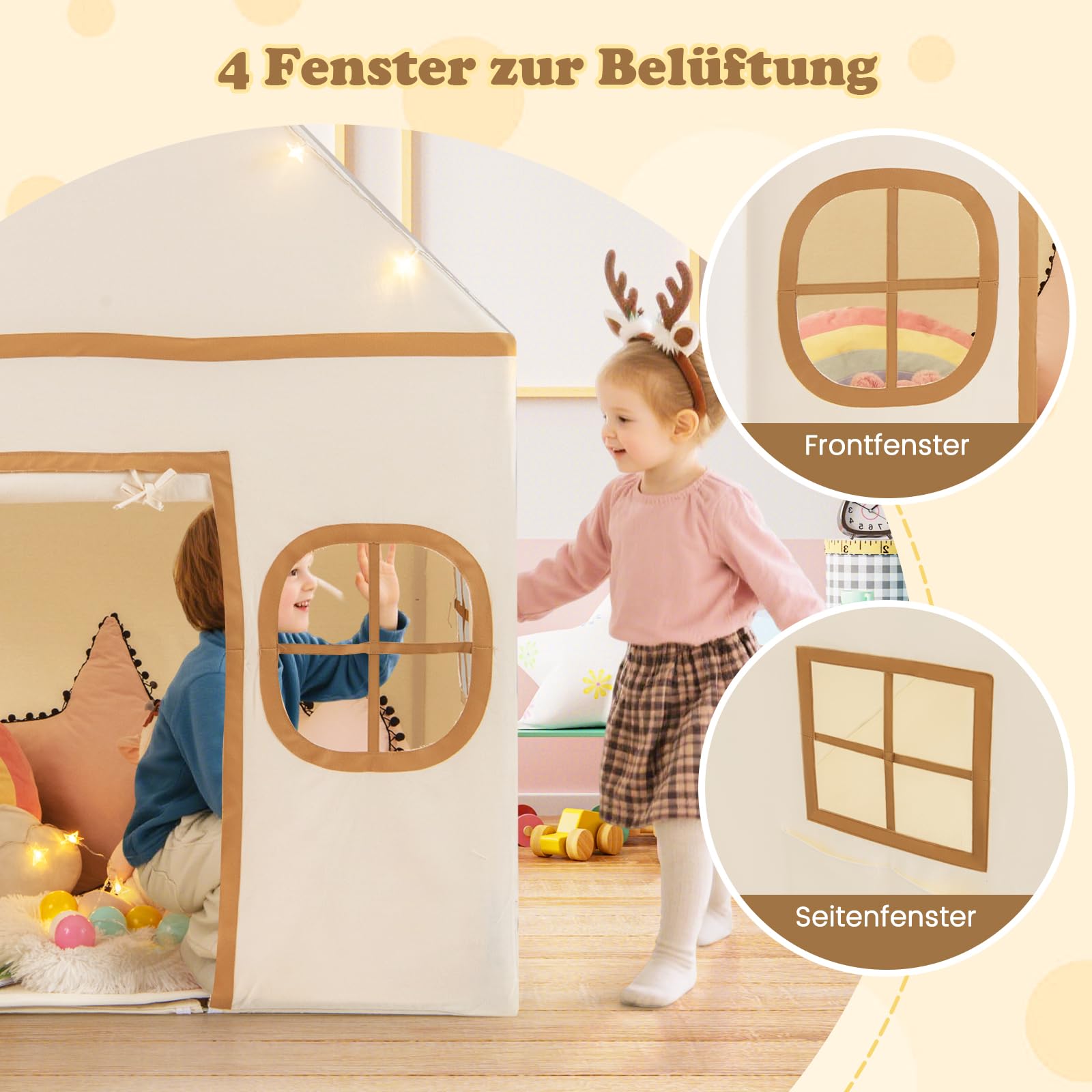 COSTWAY Spielhaus Kinder Indoor, Kinderzelt mit Sternlichter & Gepolsterte Matte, Spielzelt mit Türvorhang & Fenstern, Kinderspielhaus für Jungen & Mädchen ab 3 Jahren (Beige)