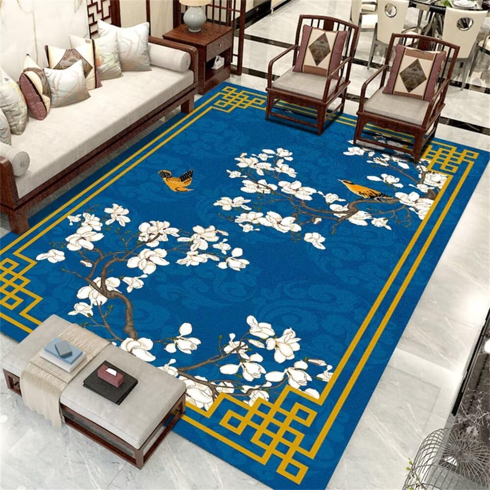 Tapis de salon oriental anti-poussiere bleu et motifs floraux