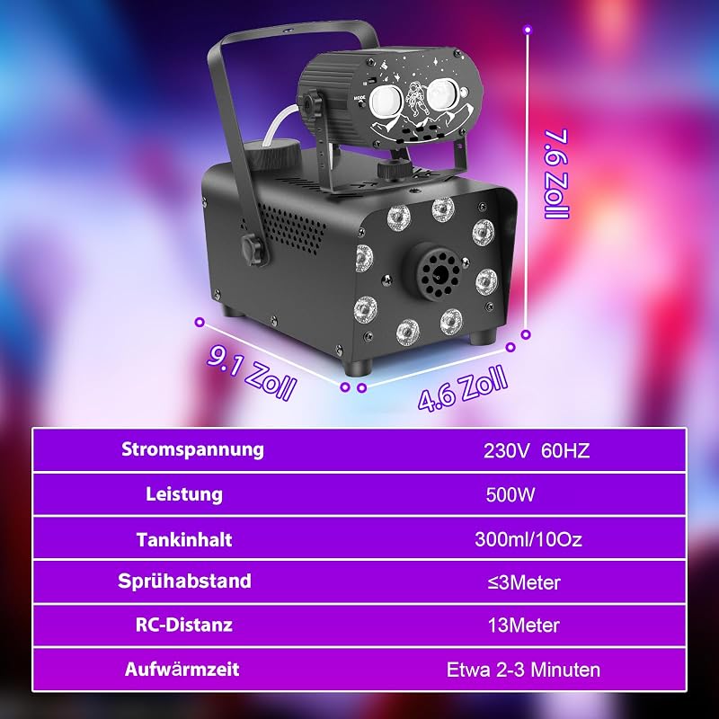 Katomi 700W füstgép RGB LED diszkó fénnyel, 2 vezeték nélküli távirányítóval