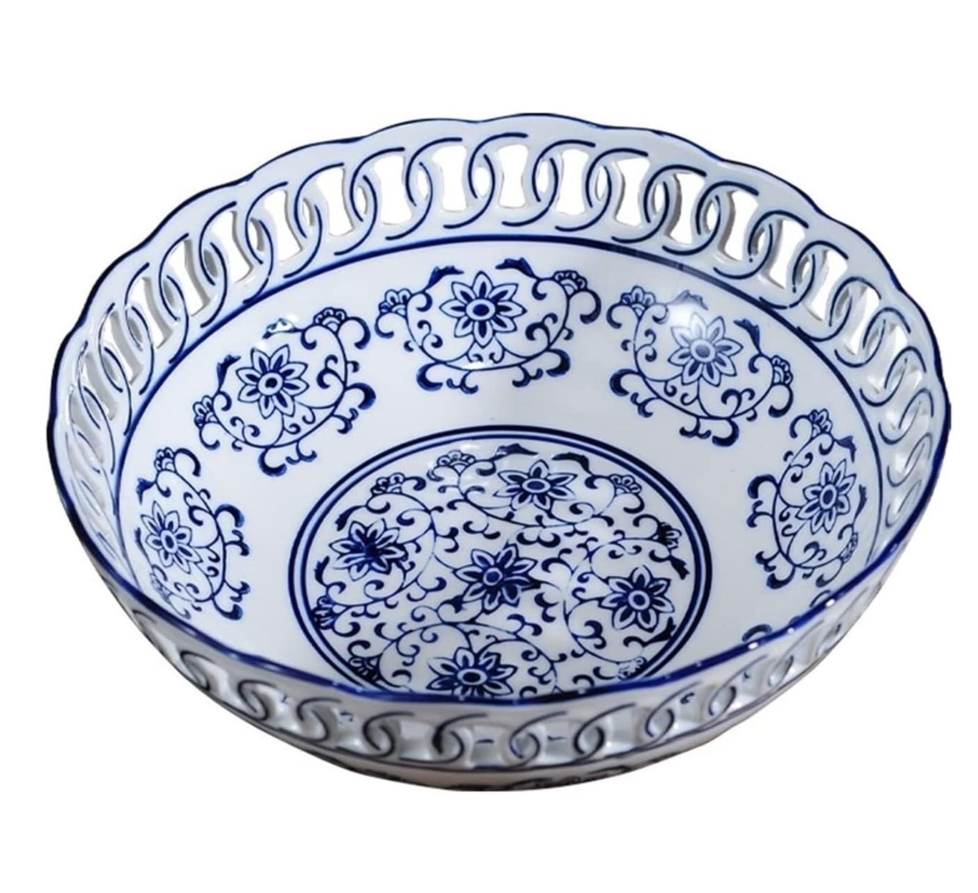IROEJT Fruit Bowls Chinese Retro Hollow Ceramic Fruit Plate Home Living Room Round Porcelain Decorative Candy Bowl Fruit Basket Vegetable