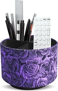 Round Leather Art Supply Organizer,Remote Control Holder,360 Degree Rotating,Multi-Functional Pencil Holder,4 Compartments Desktop Stationary Organizer1-3D Rose Purple