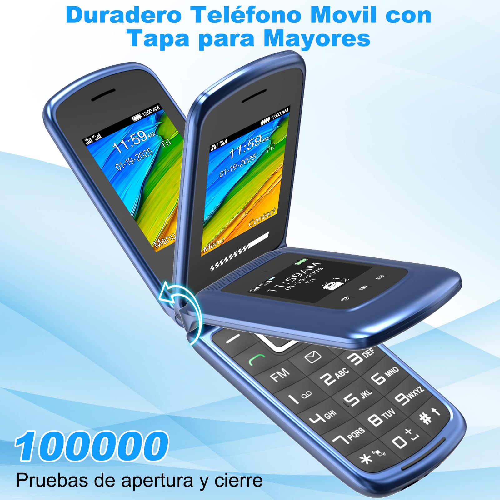Usteetic 4G Teléfono Móvil para Personas Mayores, Teléfono Móvil con Tapa Teclas Grandes Botón SOS Pantalla Doble de 2,4 y 1,77 Pulgadas Doble SIM USB-C Despertador Base de Carga, Fácil de Usar, Azul