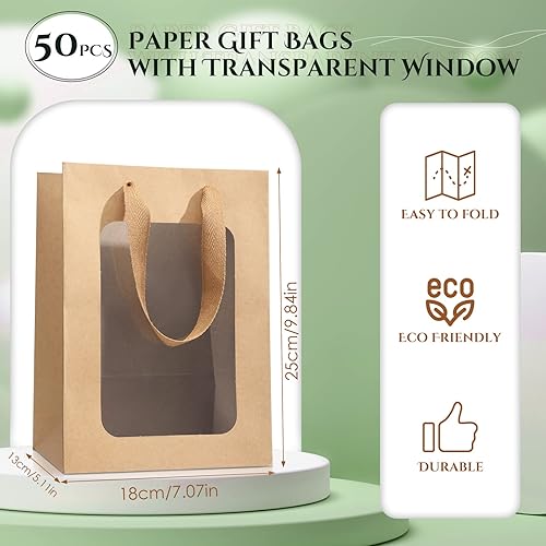 Miniatura 9 de Reginary 50 bolsas de regalo de papel con ventana transparente, bolsa de regalo transparente de 9.8 x 7.1 x 5.1 pulgadas, bolsa de ramo de flores