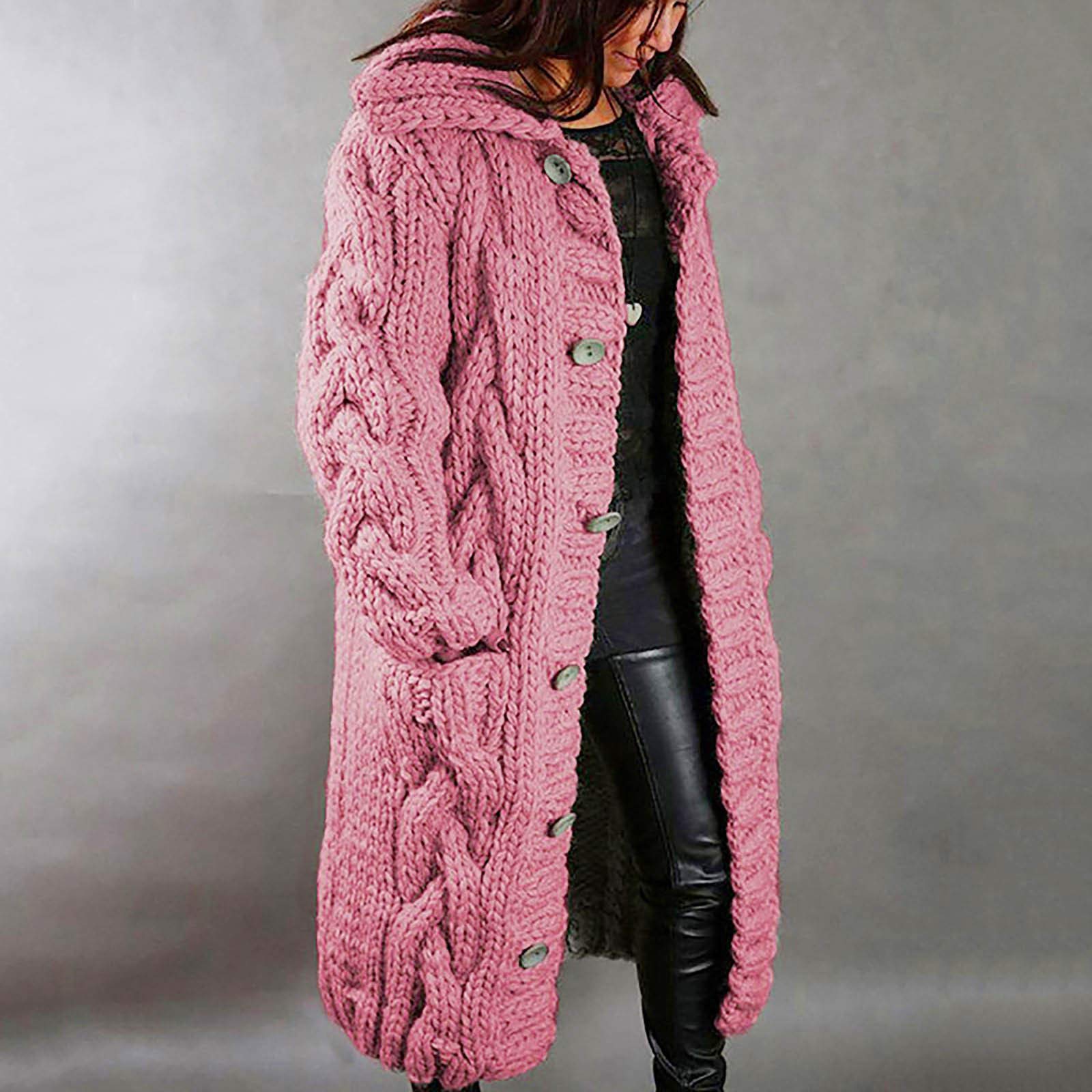 Cárdigan largo de punto grueso para mujer, cárdigan largo con capucha, cárdigan elegante con botones, chaqueta de entretiempo, tallas grandes, con bolsillos, abrigo de punto