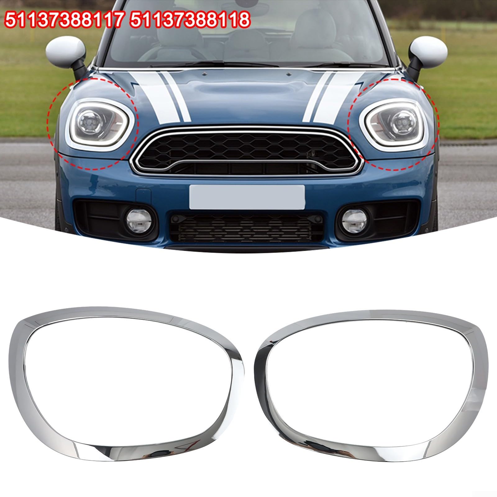 Mascherina per faro anteriore per Mini Cooper F60 F61 2017-2023 e per Mini Countryman cornice anteriore surround in ABS argento con OEM 51137388117 51137388118