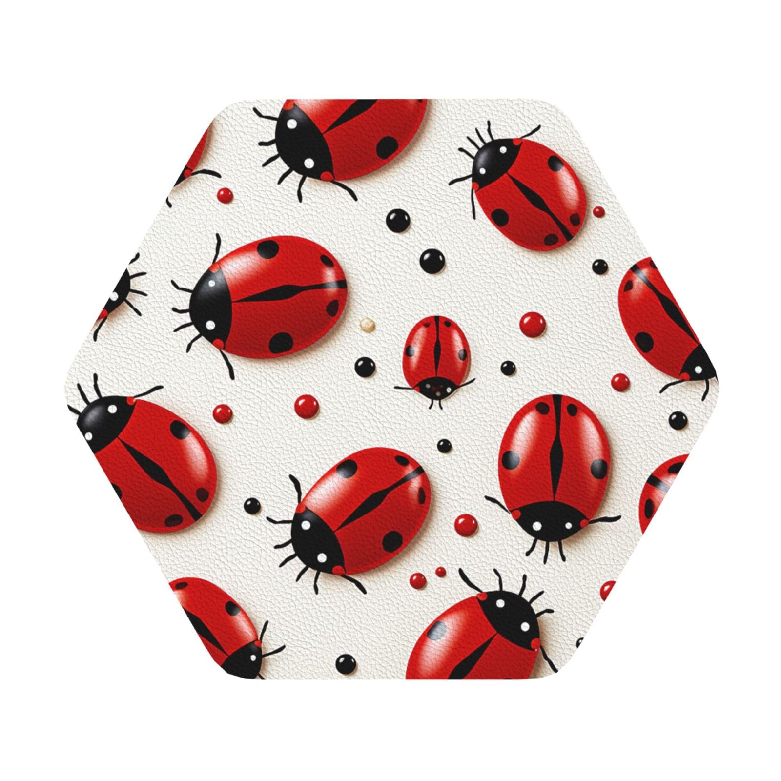 Fodpand Hexagon Red Ladybug Drink Coasters Set Of 4, Heat Resistant Leather Coasters Fuuny Bar Beer Beverage Coaster For Drinks, Absorbent Cup Mat For Tabletop Protection, Housewarming Gift