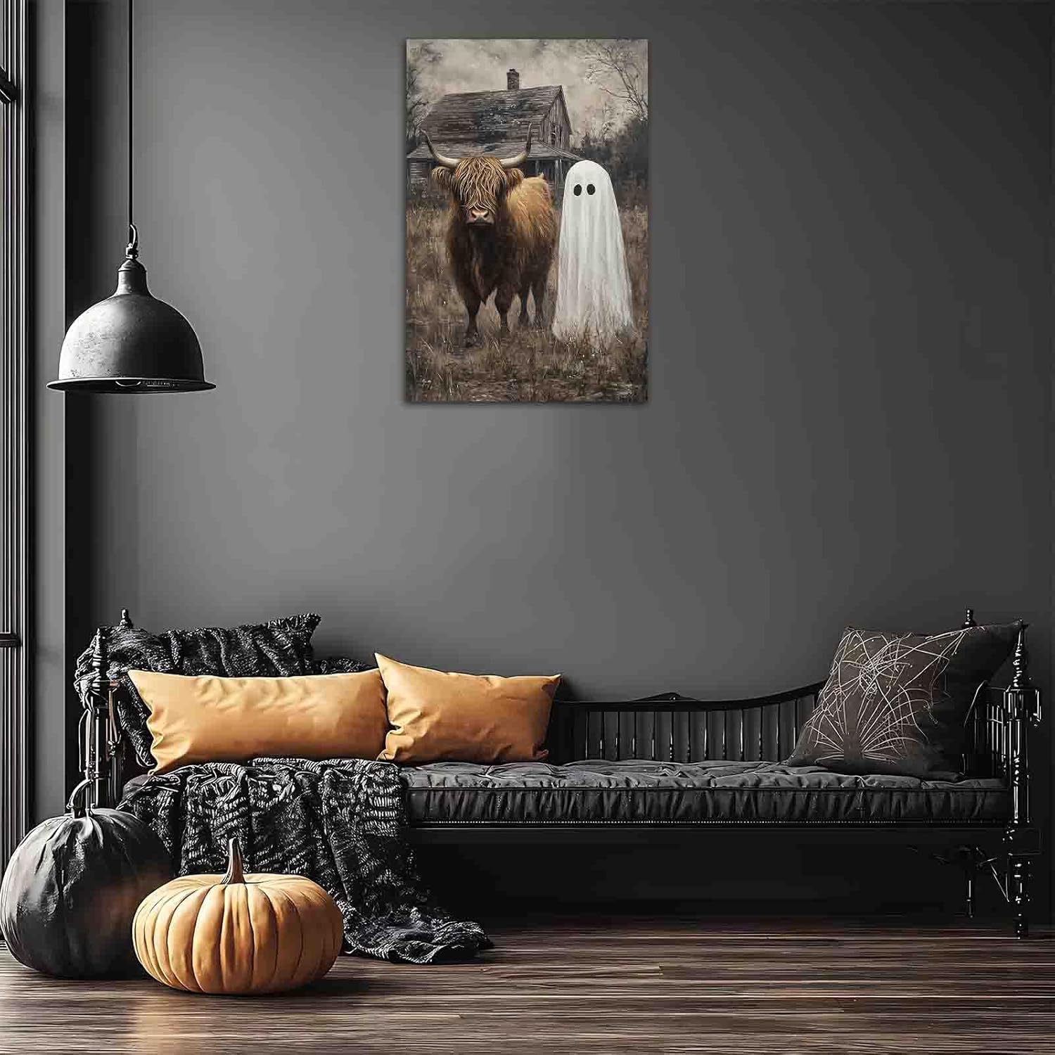 FOTRIC Ghost Pictures Highland Cow Wall Art Farmhouse Halloween Wall Decor Spooky Ghost Pictures of Wall Halloween Highland Cow Canvas Moody Ghost Farmhouse Decor Framed 8x12 inch