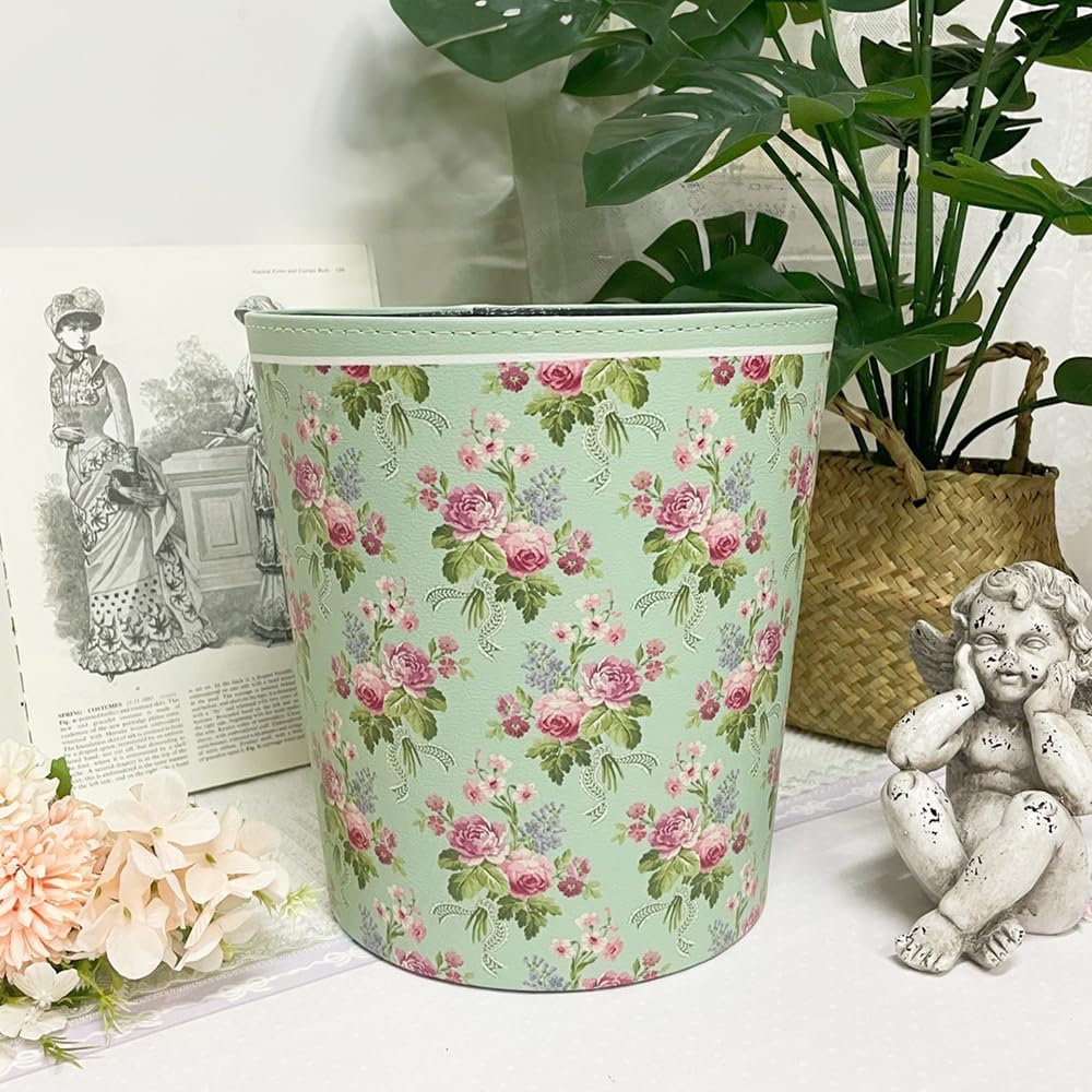 BOOMLATU Leather Pink Roses Trash Can for Bedroom,Waterproof Round Wastebasket Garbage Container Bin for Bedroom, Office, Kitchen, Living Room and Bathroom,2.1 Gallons (Green)