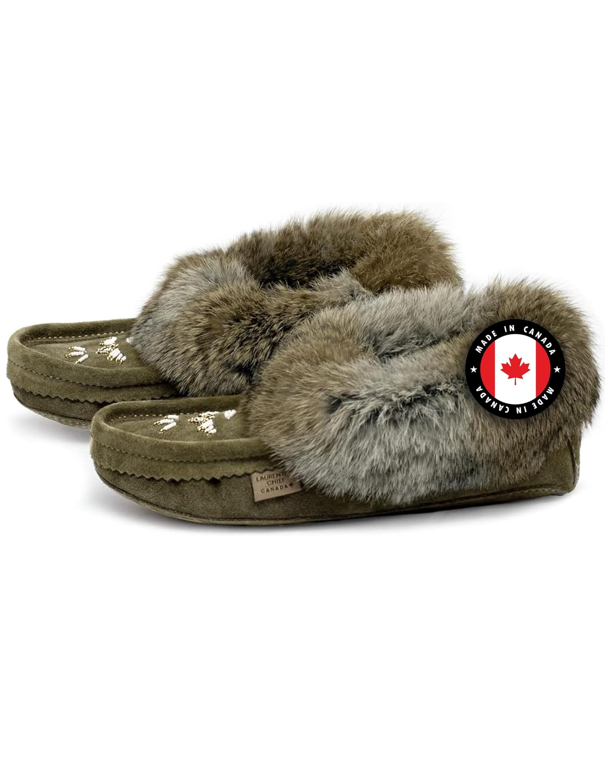 Laurentian Chief Moccasin Slippers for Women – Ladies Comfortable Slippers with Real Rabbit Fur Trim and Soft Faux Lining – Canada Quality Beaded Style Warmie Shoes for House Indoor