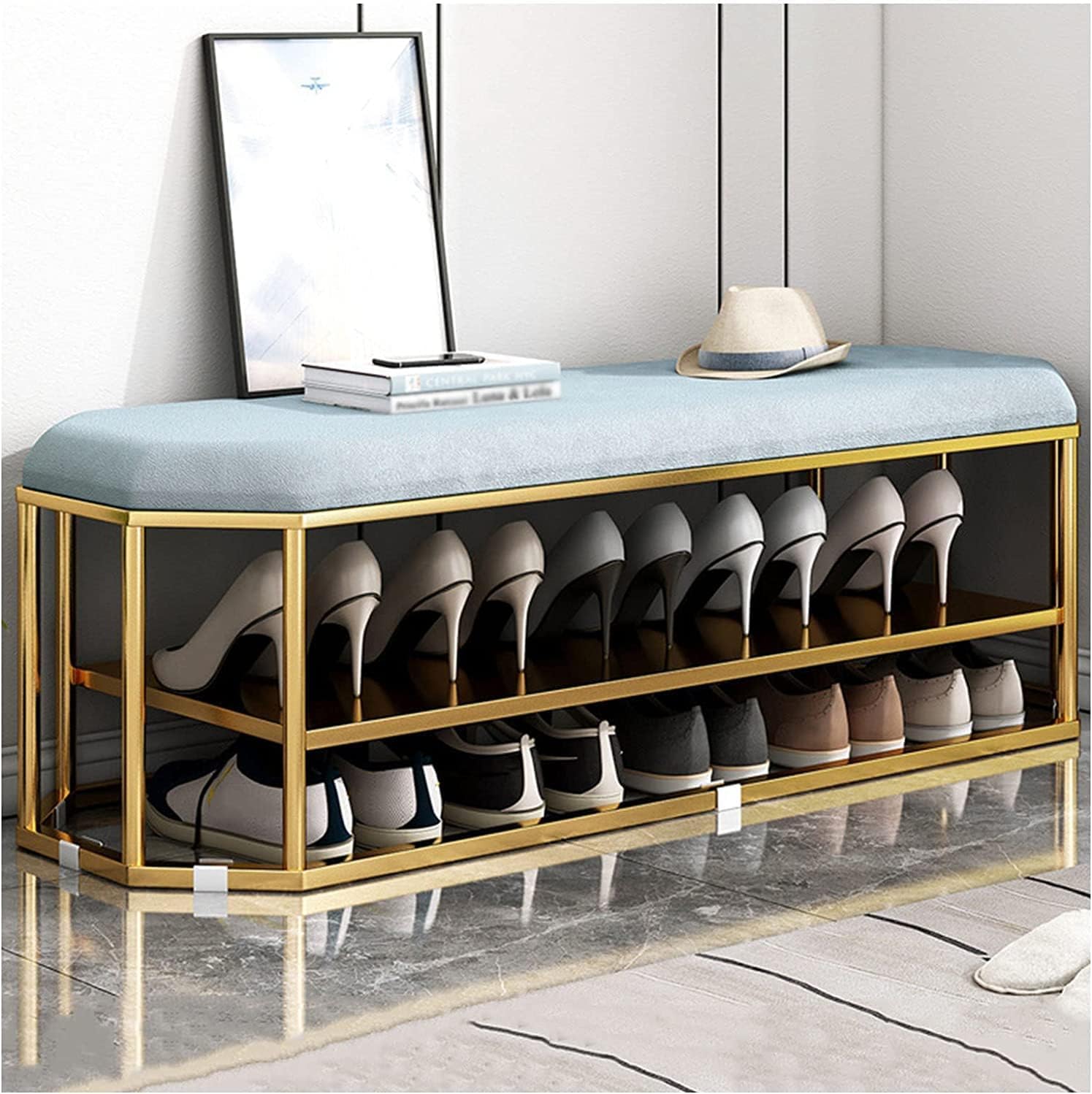 Meuble à chaussures avec banc rembourré et cadre en fer pour entrée