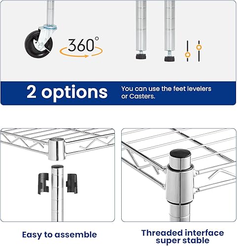 Miniatura 6 de BestOffice Estante de alambre de 6 niveles con ruedas 48 x 18 x 82 pulgadas Cromado Estantes ajustables Estantes de almacenamiento de alta