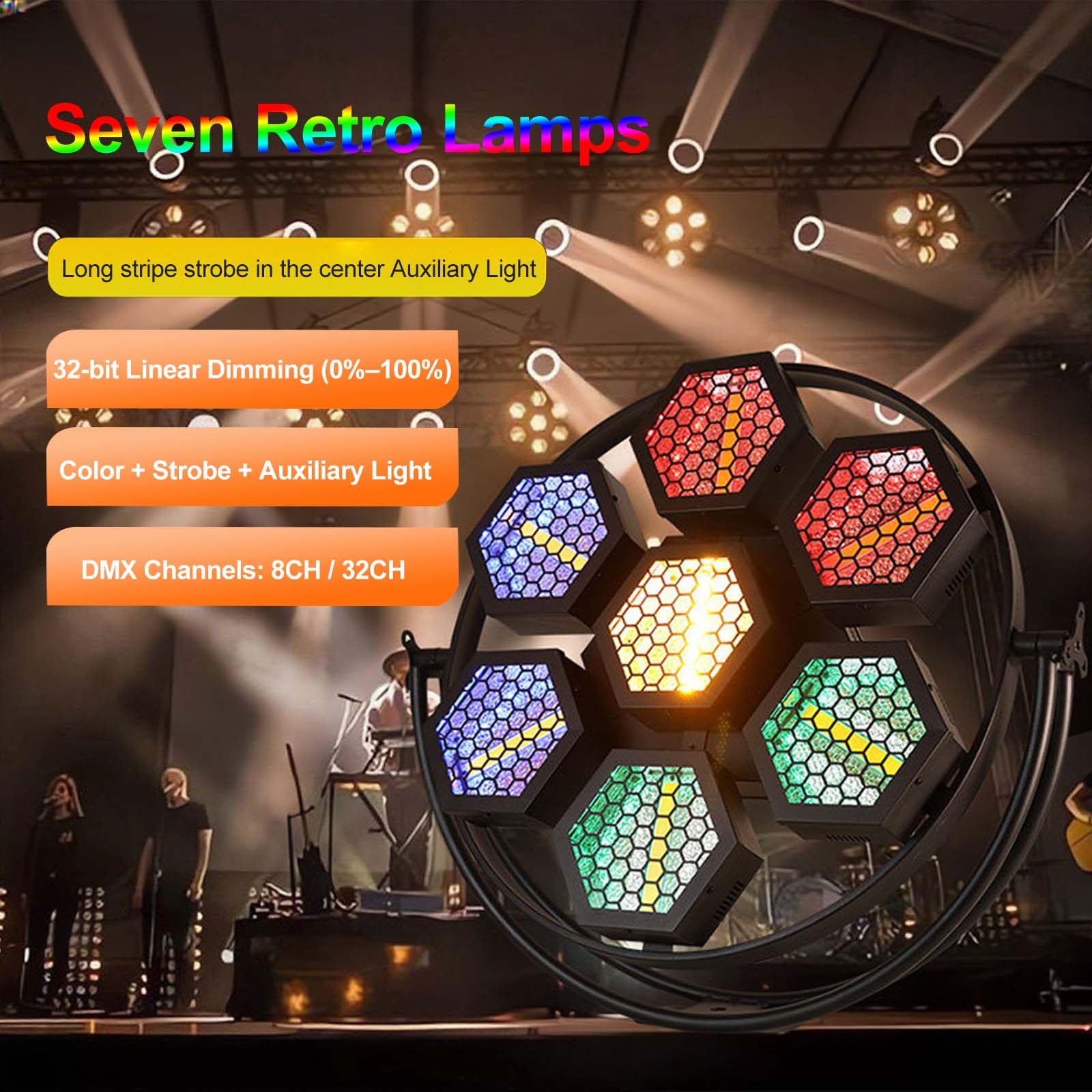 Luces de Escenario Retro Profesionales, 63*RGBW, 7*COB Efecto Matriz con atenuación y estroboscopio de 32 bits, Pantalla Digital LED, Luces de Lavado para conciertos y Teatro