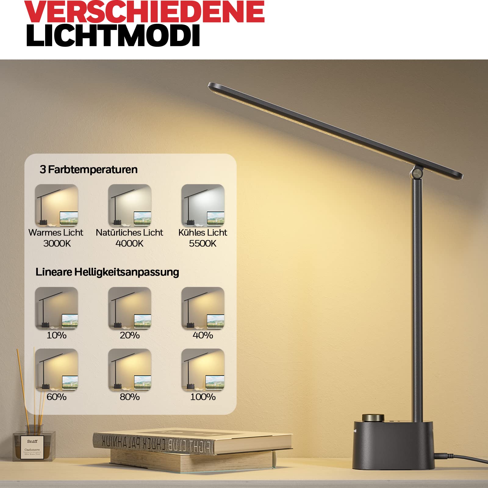 Honeywell H01 Pro augenschonende LED Tischleuchte für Zuhause | Sunturalux Chips, CRI≥95, 3000K-5500K, A+C Ladefunktion, dimmbare Tischleuchte für Studentenwohnheim, Schwarz