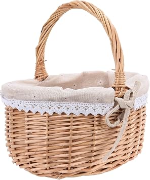 Wicker Picnic Basket with Handle Lined, Handmade Willow Woven Picnic Storage Basket for Candy, Easter, Organizing, Wedding, Picnic, Camping 12x10 Inches