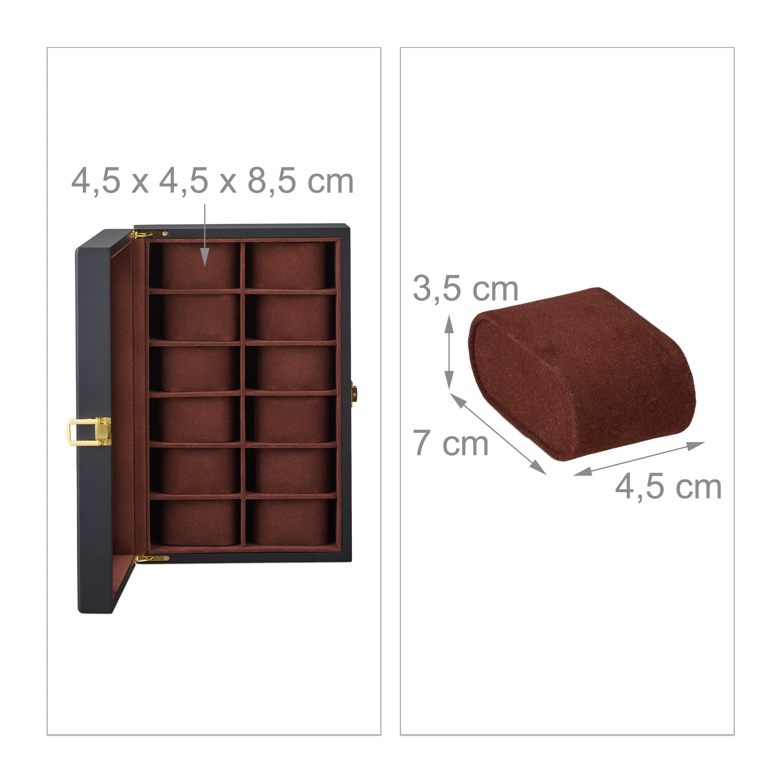 Relaxdays Porta Orologi, 12 Scomparti, Finestrella in Vetro, Cuscini in Velluto, 8,5x31,5x21 cm, Cofanetto, Nero Marrone