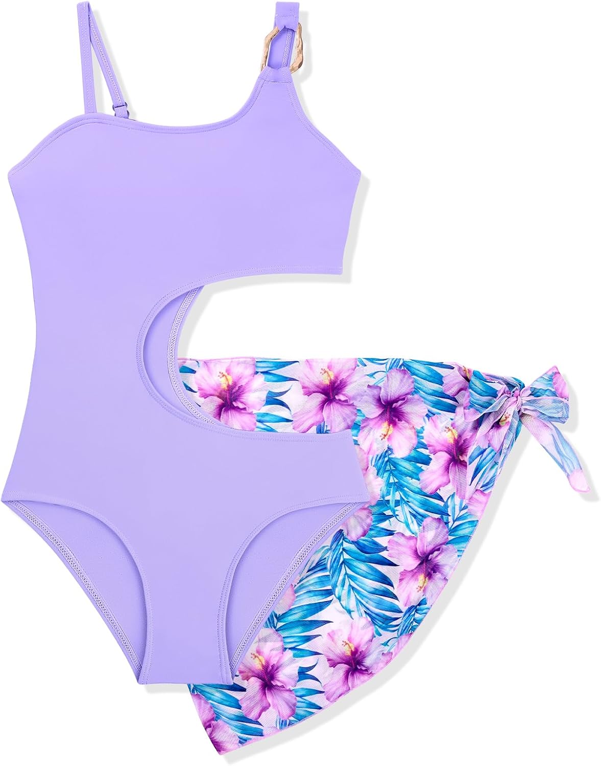 Ochine Girls Swimsuit Quick Dry Cut Out One Piece Bathing Suit with Hawaiian Tropical Print Cover Up Skirt 9-16Y