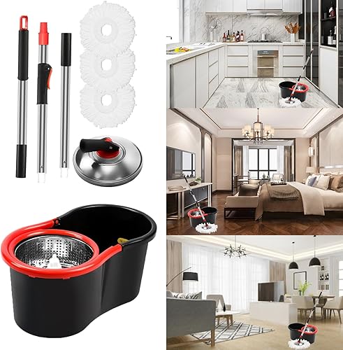 Miniatura 6 de Juego de trapeador giratorio y cubo, sistema de fregona giratoria de 360 y cubo, para limpieza del piso de la fregona, con 3 cabezales de repuesto