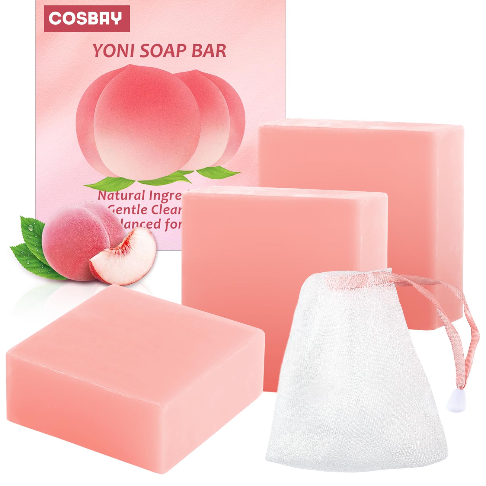 Preocea 3PCS Yoni Soap Bars Yoni Wash,Natural Yoni Bar Soap For Women ph Balance,Feminine Wash Vaginal Care Soap,Eliminates Odor,Moisturizing Yoni Care Soap with Foaming Net,Peach Yoni Soap,3.53oz