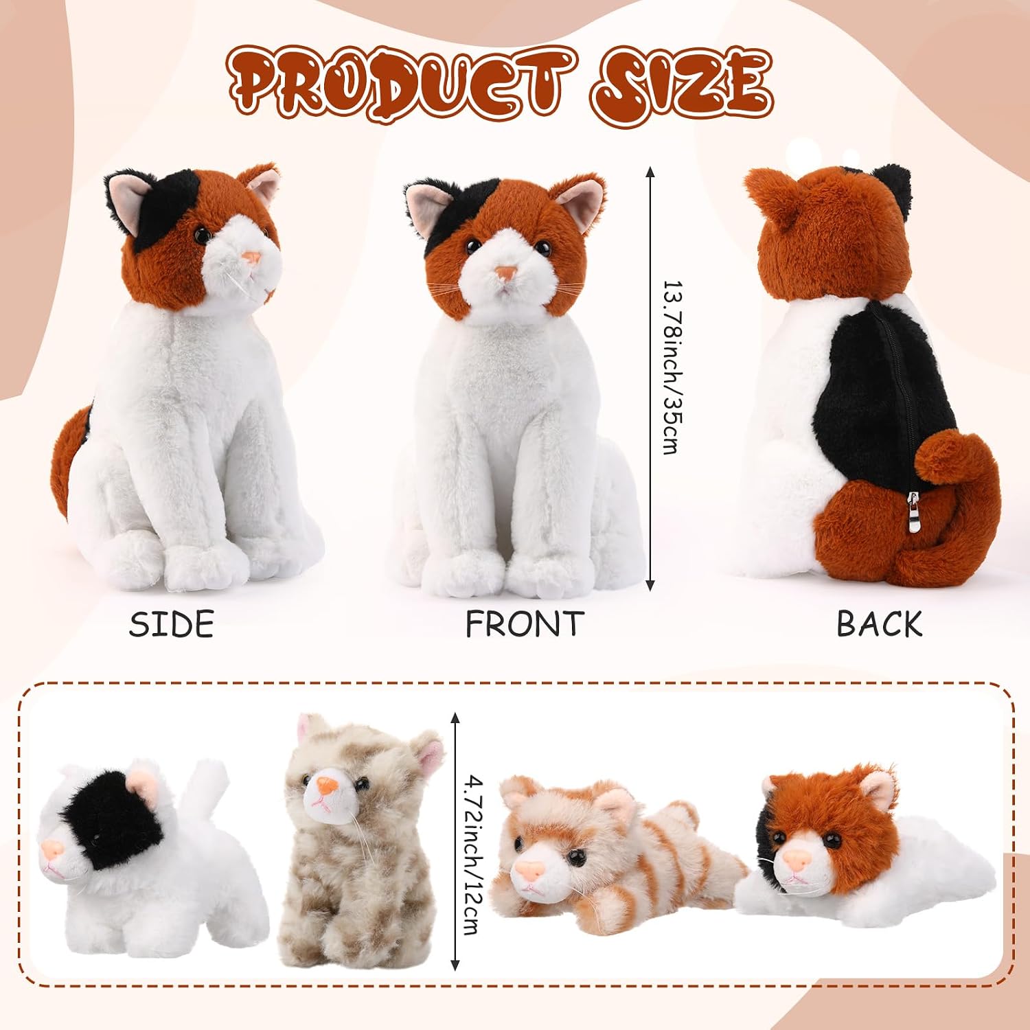 HyDren 5 Pcs Cat Stuffed Animal 13.78 Inch Large Plush Cat Mommy with 4 Kittens for Boys Girls Plush Toy, Birthday Gift, Valentine Gift(Orange Black)