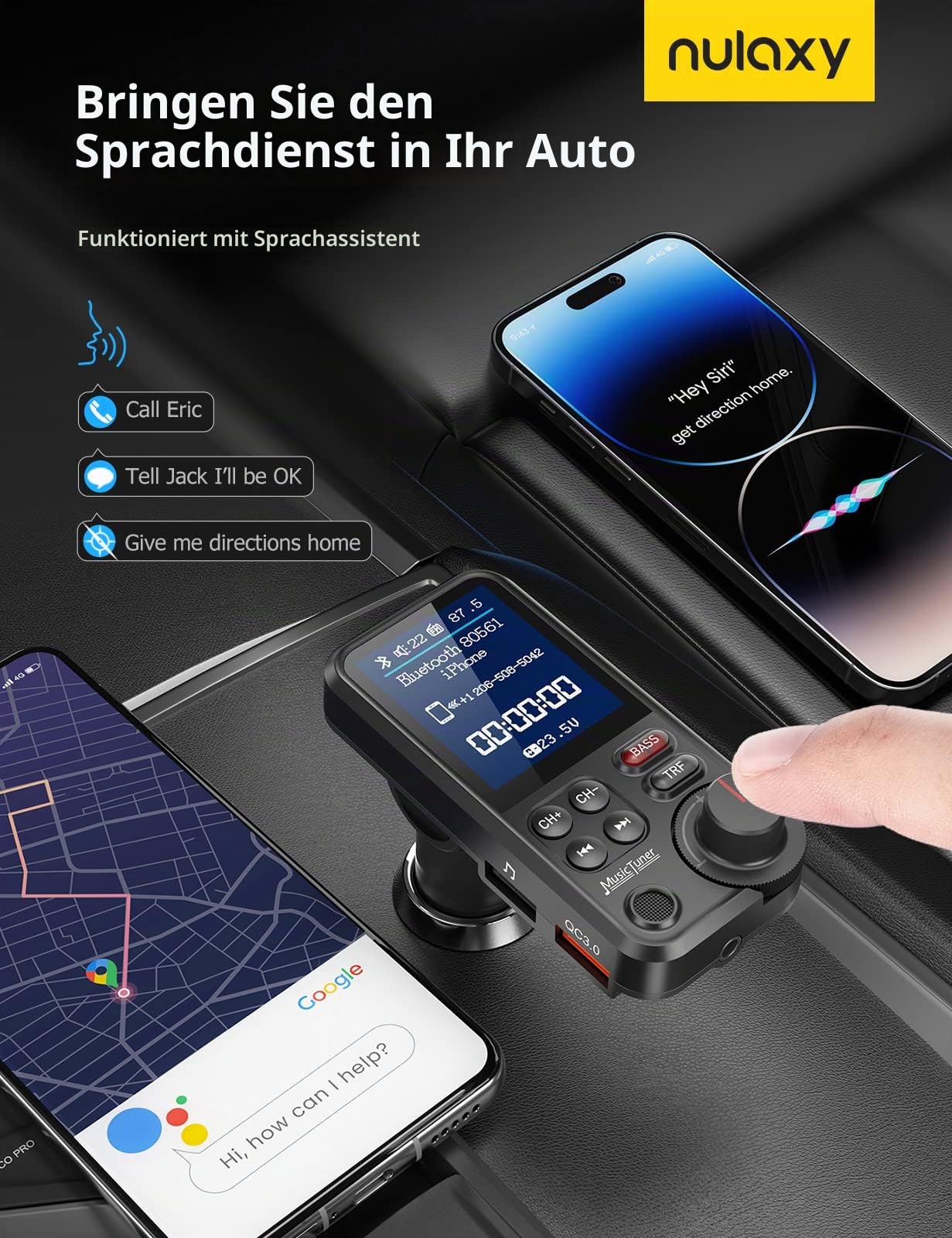 Nulaxy Bluetooth Adapter Auto, Starkes Mikrofon FM Transmitter Auto Bluetooth mit 1,8-Zoll-Farbbildschirm für Freisprechanrufe, unterstützt QC3.0-Lade-, Höhen- und Bassmusik-Player - KM30