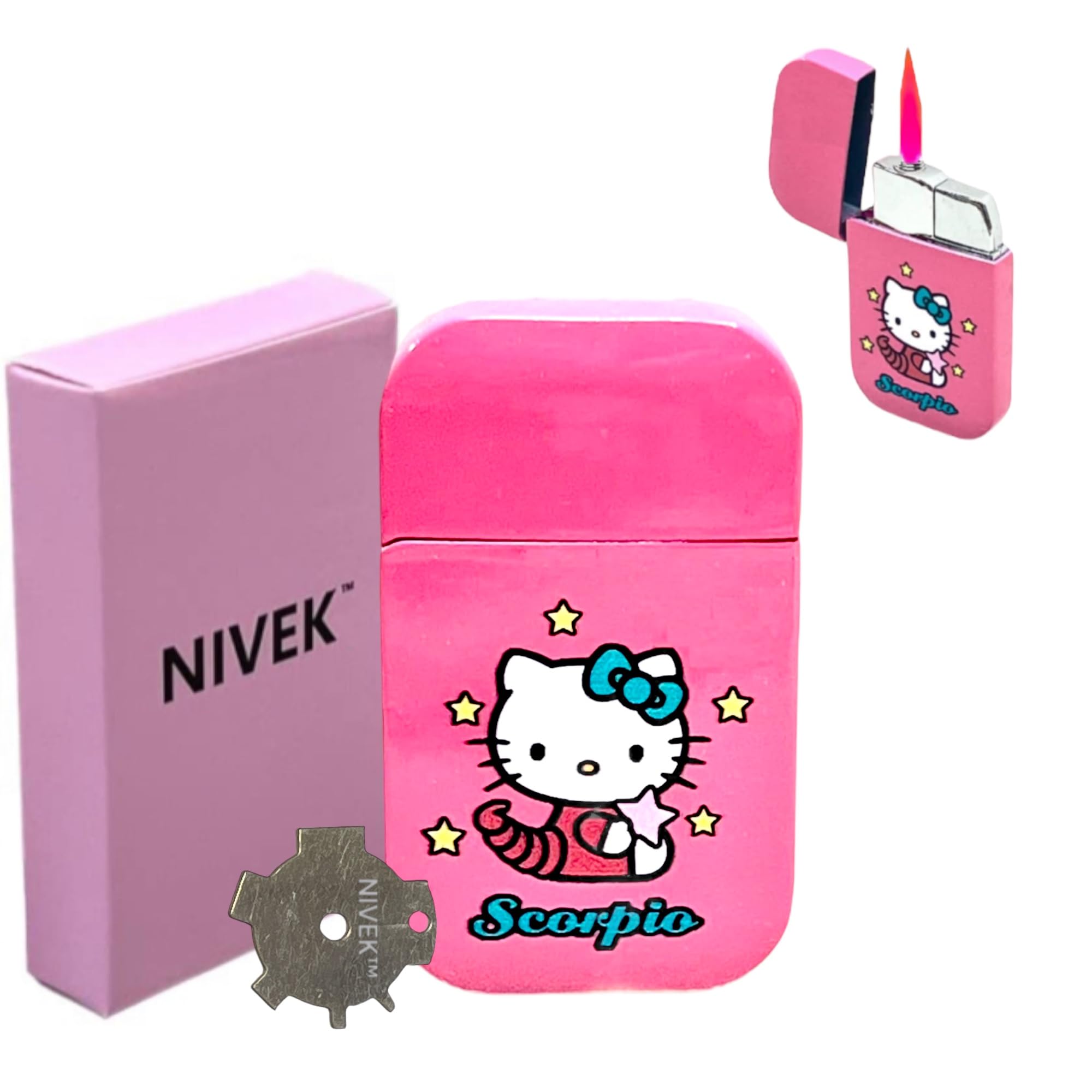 NIVEK Kitty Cat Lighter Y2k 12 Consetellations Horoscope Astrology Zodiac Birth Signs Pretty Pink Flame Kawaii Collectable Japanese Cool Accesories (Scorpio)