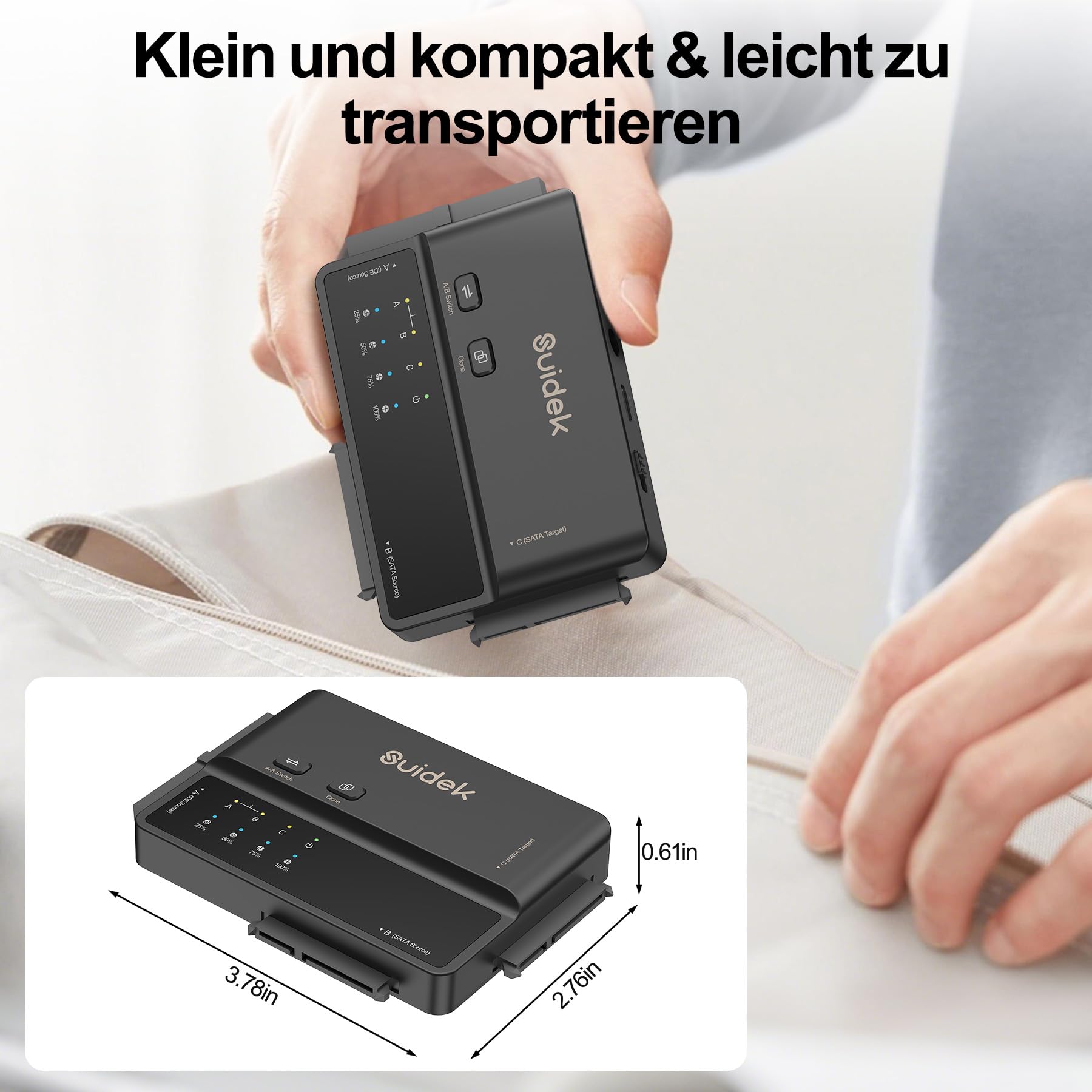 SUIDEK USB 3.0 auf IDE und SATA Adapter, Type-C Externer Festplattenleser Konverter mit 5 Gbps für 2,5"/3,5" SATA HDDs, SSDs und 3,5" IDE HDDs mit Offline Klonfunktion, Inklusive 12V/2A Netzteil