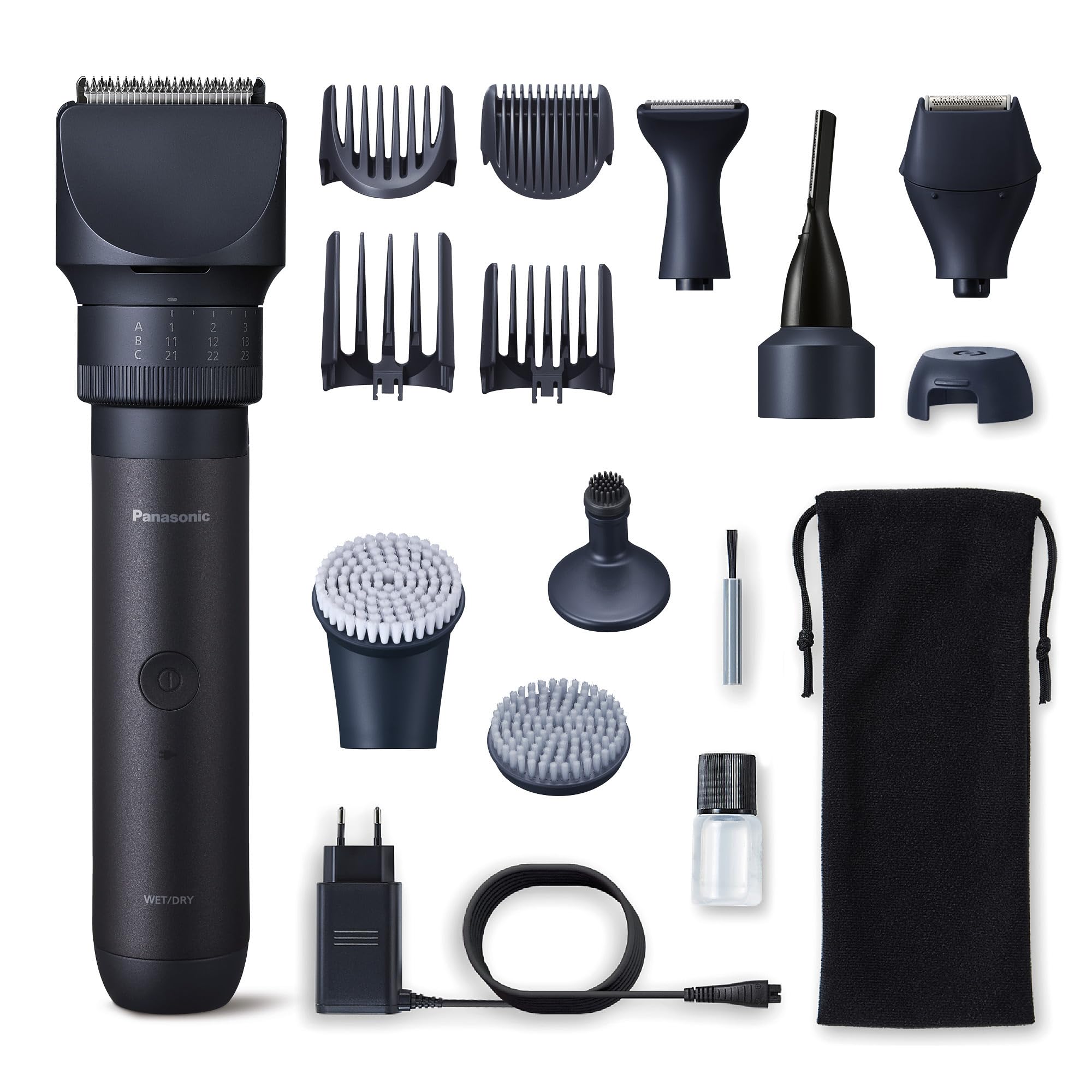 Panasonic MULTISHAPE ER-CKL2, ER-CDT1 & ER-CFB1 Paquete, Unidad principal, Accesorios Cabezales de Afeitado y Recorte, Cortabarbas y cortapelos, Cepillo Facial con batería de ion-litio, Negro