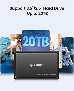 ORICO Hard Drive Enclosure 3.5 Inch USB C 5Gbps External HDD Enclosure for 2.5 Inch / 3.5 Inch SATA HDD and SSD Maximum 20 TB Supports UASP 12 V/2A Power Supply ABS (DDL35C3-Black)