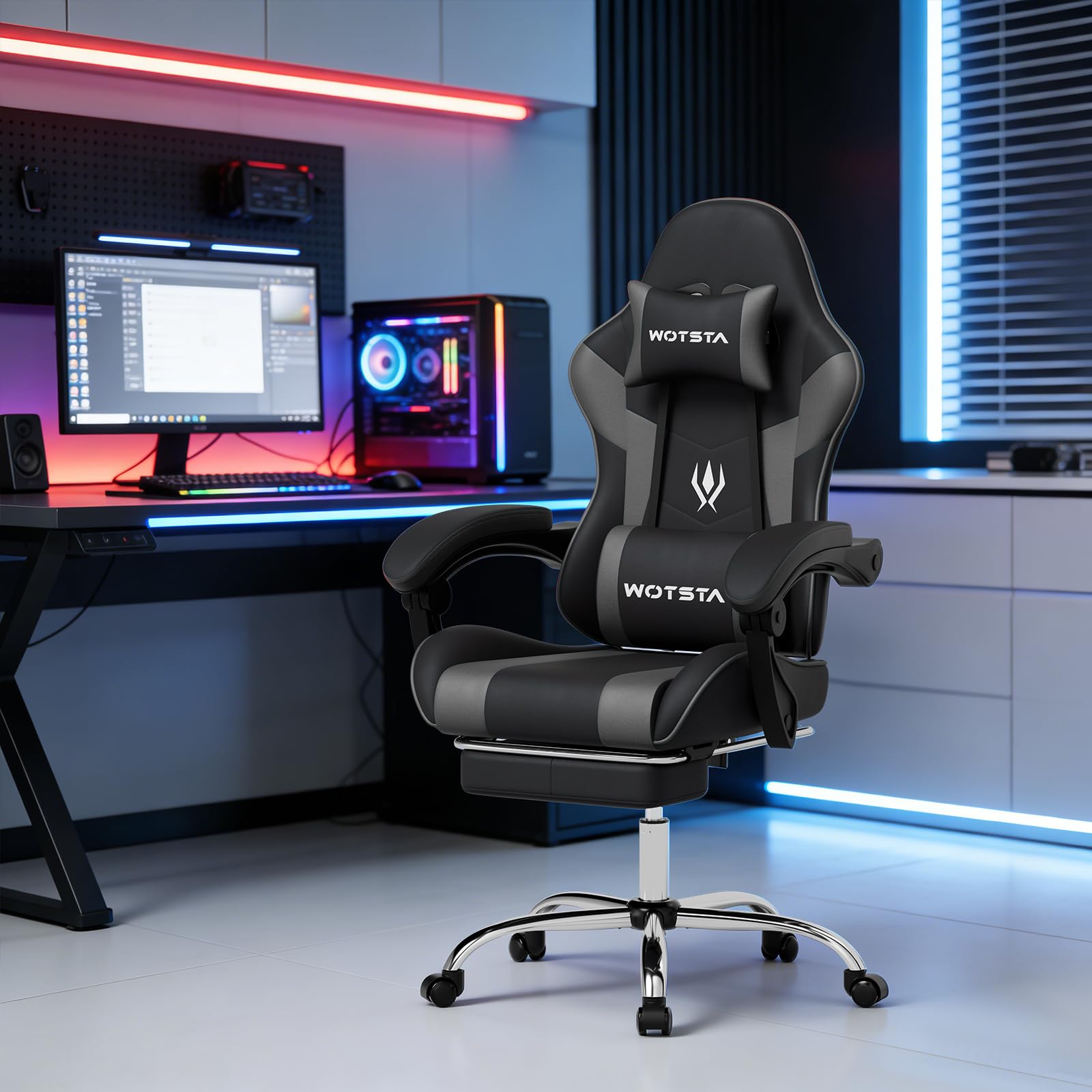 Chaise Gaming, Ergonomique Fauteil Bureau, Hauteur Réglable, Siege Gaming avec Repose-Pieds TÉlescopique, Chaise Bureau avec Support Lombaire, Dossier Inclinable à 135° Noir et Gris