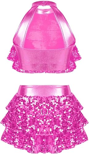 Miniatura 2 de YiZYiF Conjunto de 2 piezas de baile con lentejuelas para niñas y niñas, top corto metálico con falda, disfraz de baile latino de jazz