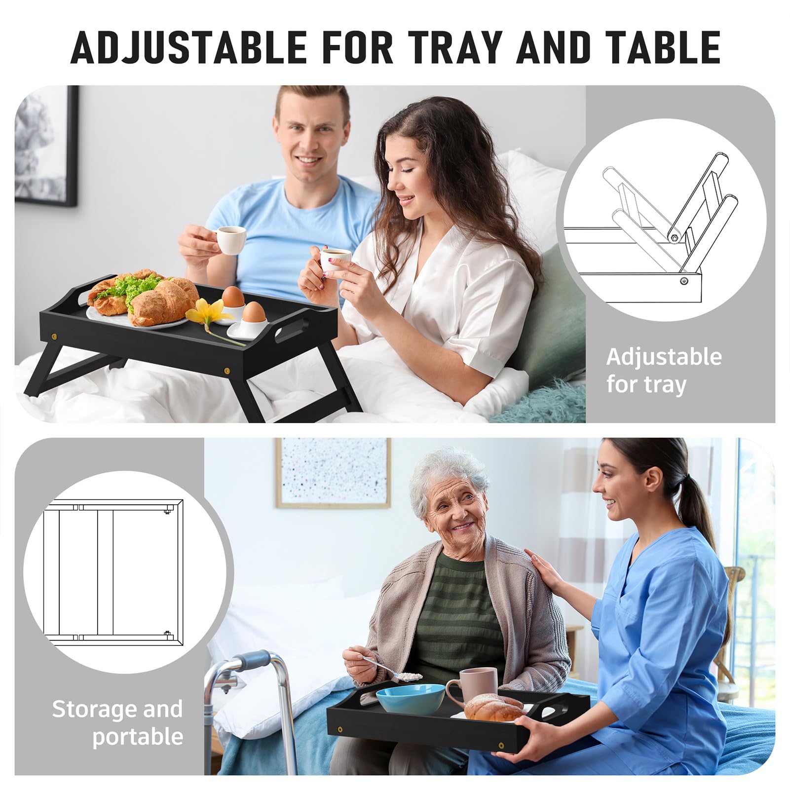 Mayyol Plateau de petit-déjeuner pour manger – Table pliable pour ordinateur portable – Plateau de service surélevé portable en bambou – Plateau de collation avec pieds pliants, manger pour chambre,