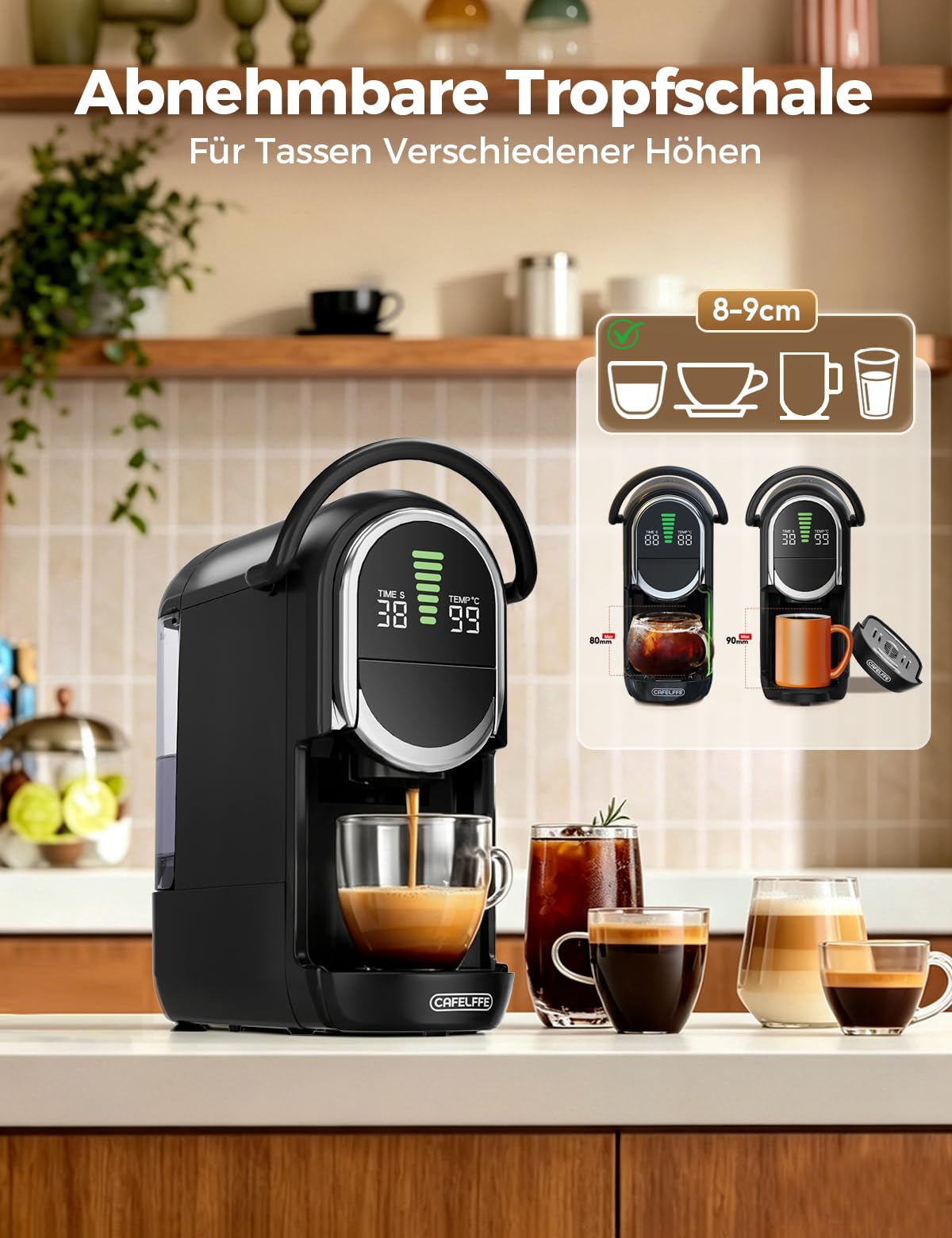 CAFELFFE Ekspres do kawy na kapsułki 4 w 1, 20 bar, zbiornik na wodę 600 ml, 7-stopniowa regulacja ilości wody i temperatury, kompatybilny z wkładami NS*/DG*/ESE i kawą w proszku, czarny