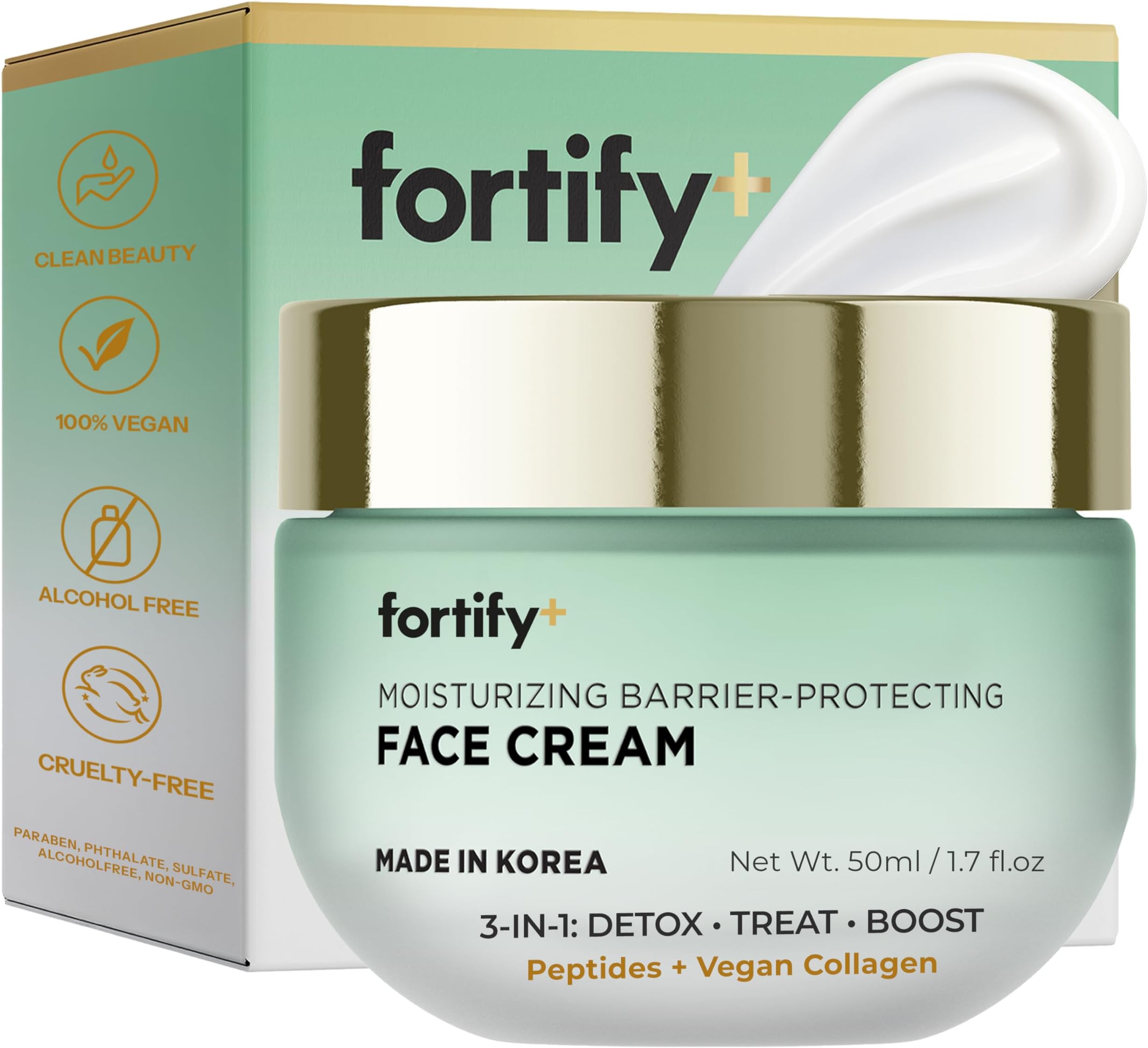 Fortify Skincare Face Cream with Peptides & Collagen โ 3-in-1: Detox, Treat, Boost โ Hydrating, Firming, Anti-Aging Moisturizer โ Dermatologist Tested Korean Skin Care โ Vegan, Clean Beauty โ 1.7 Oz