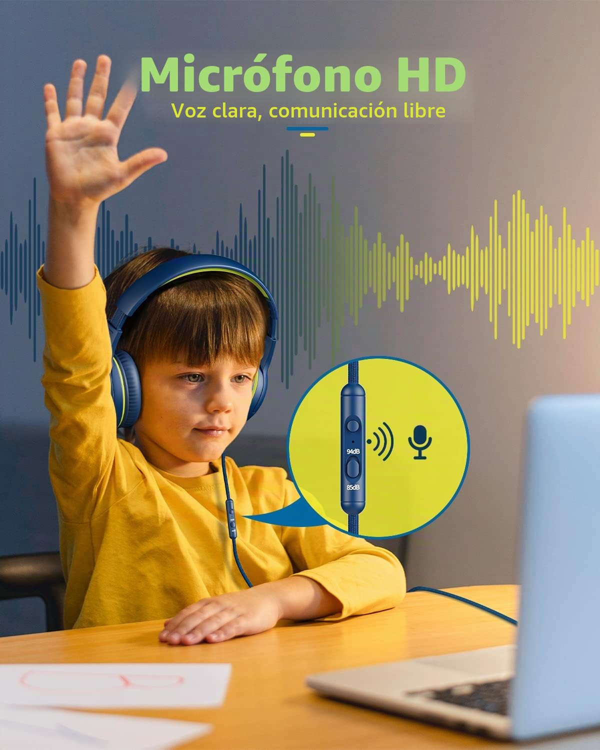 awartue Auriculares Niños con Cable Audio 3.5mm, Volumen Limitado 85/94dB, Diadema Ajustable Almohadillas Suaves, Cascos Infantiles para Clases Online/Viajes/Estudi, Azul y Verdoso