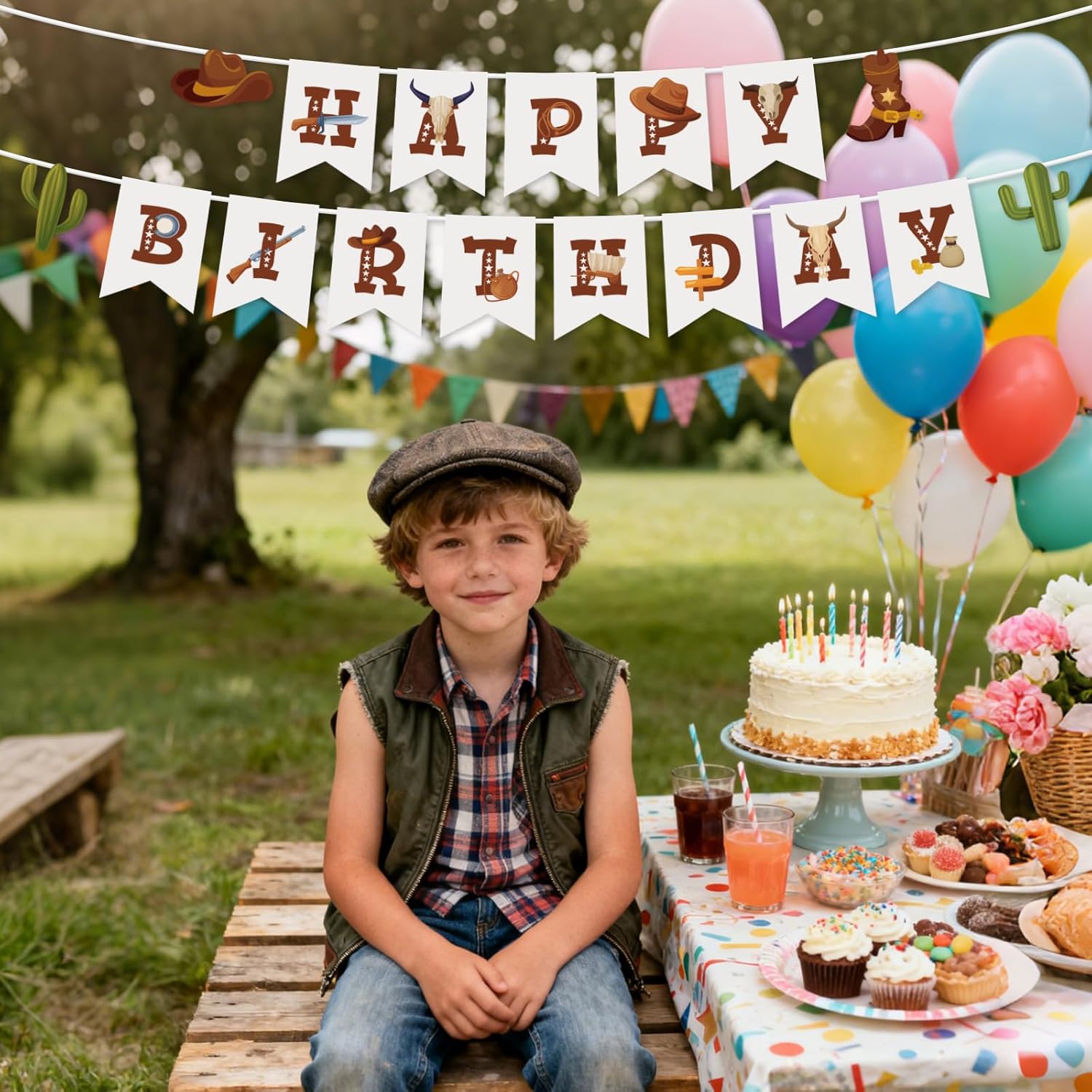 Western Cowboy Theme Happy Birthday Banner, Pre-Strung Retro Wild West Party Decoration for Boys Men Hat & Boots Rodeo for Party Supplies - Image 7