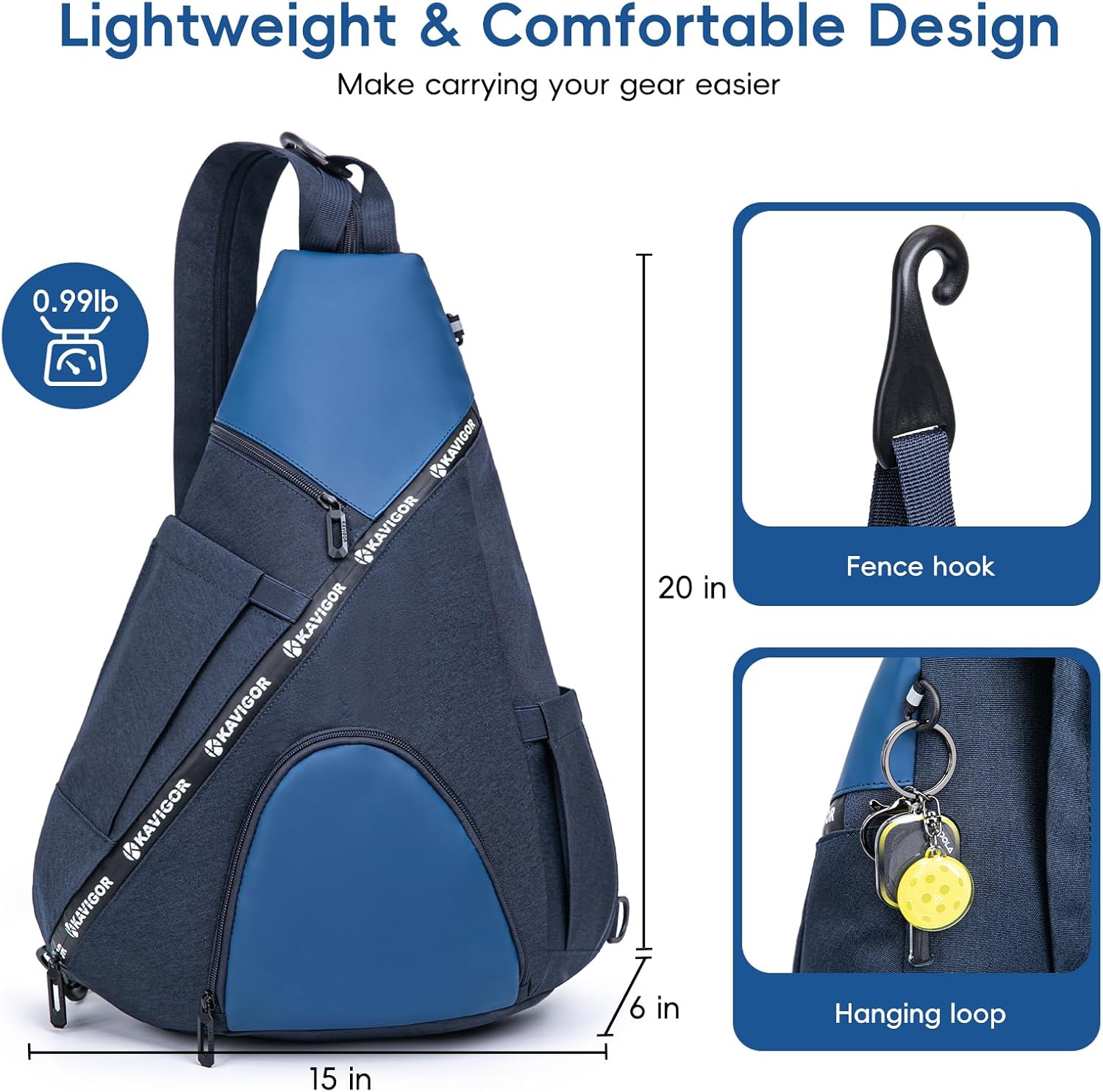 KAVIGOR Pickleball Bag, 7 Pockets & Upgraded Zippers, Lightweight Sling Bag with Detachable Strap & Water-Resistant Pocket