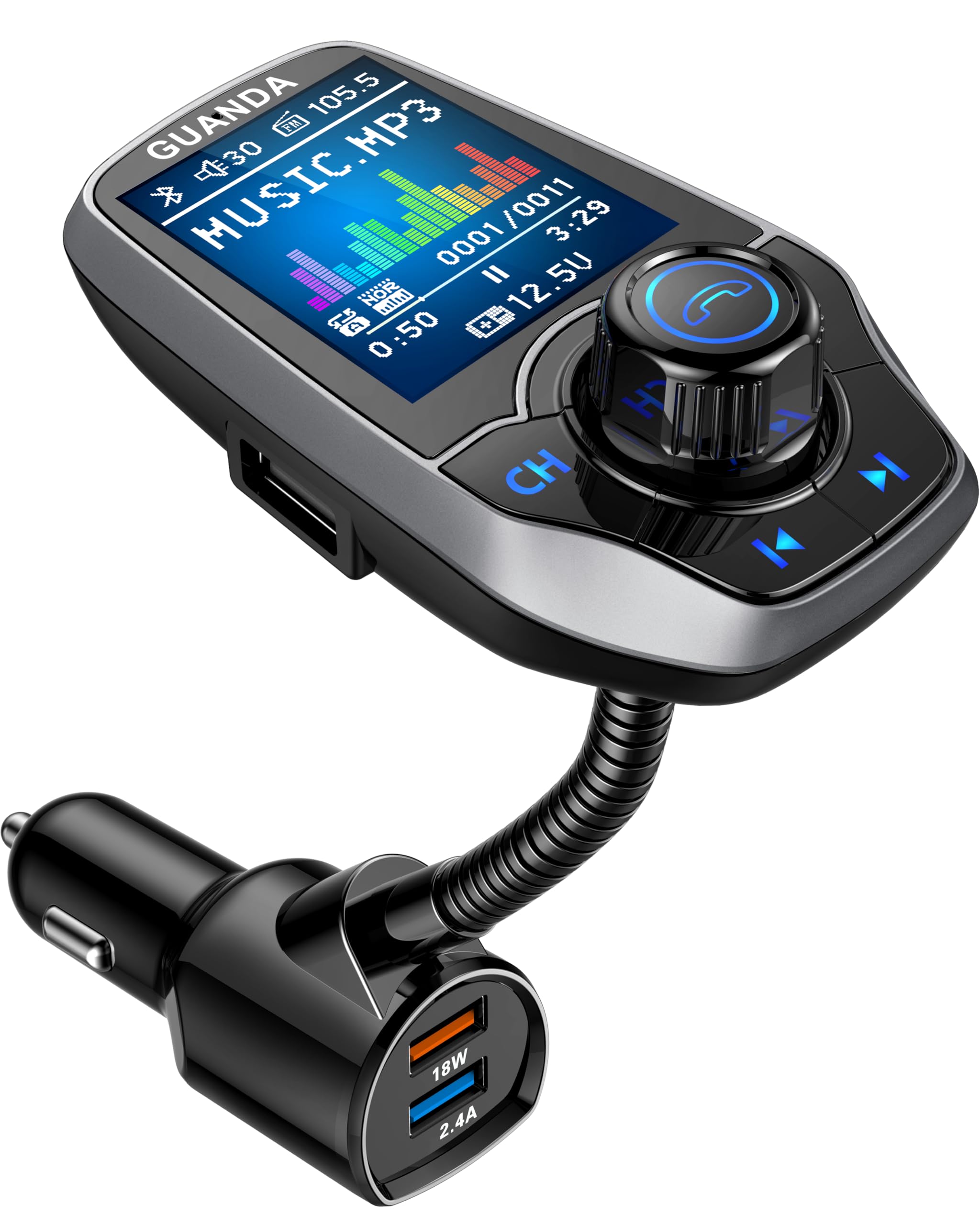 Upgraded Bluetooth FM Transmitter for Car, Wireless Radio Adapter Kit W 1.8" Color Display Hands-Free Call AUX in/Out SD/TF Card USB Charger for All Smartphones Audio Players - Pewter