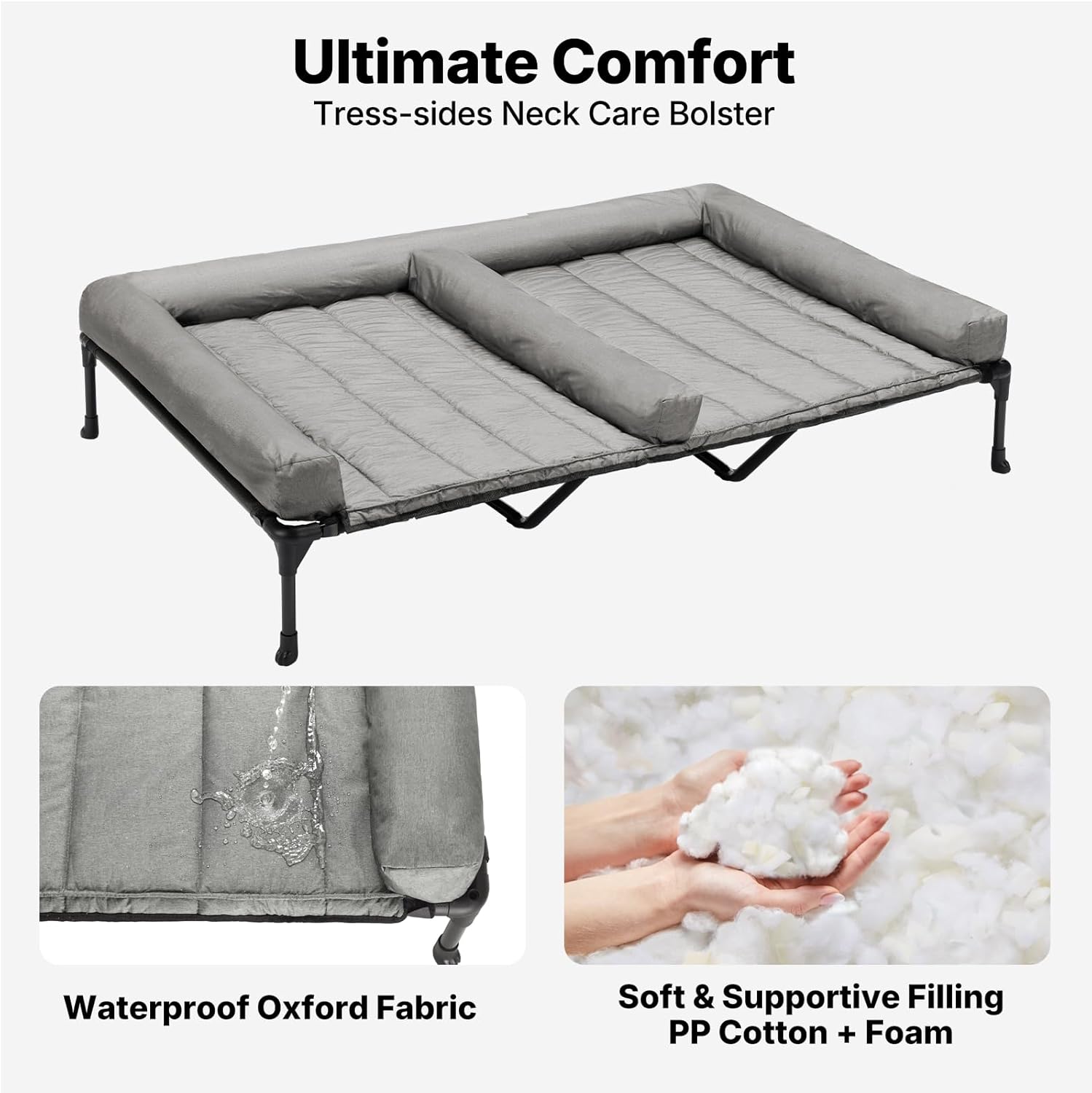 Veehoo Elevated Dog Bed for Two Dogs, Cooling Raised Dog Bed with Removable Waterproof Bolster Mat, 59" x 37.5" Double Dog Bed, Outdoor & Indoor Pet Cot with Breathable Mesh, Non-Slip Feet, Grey