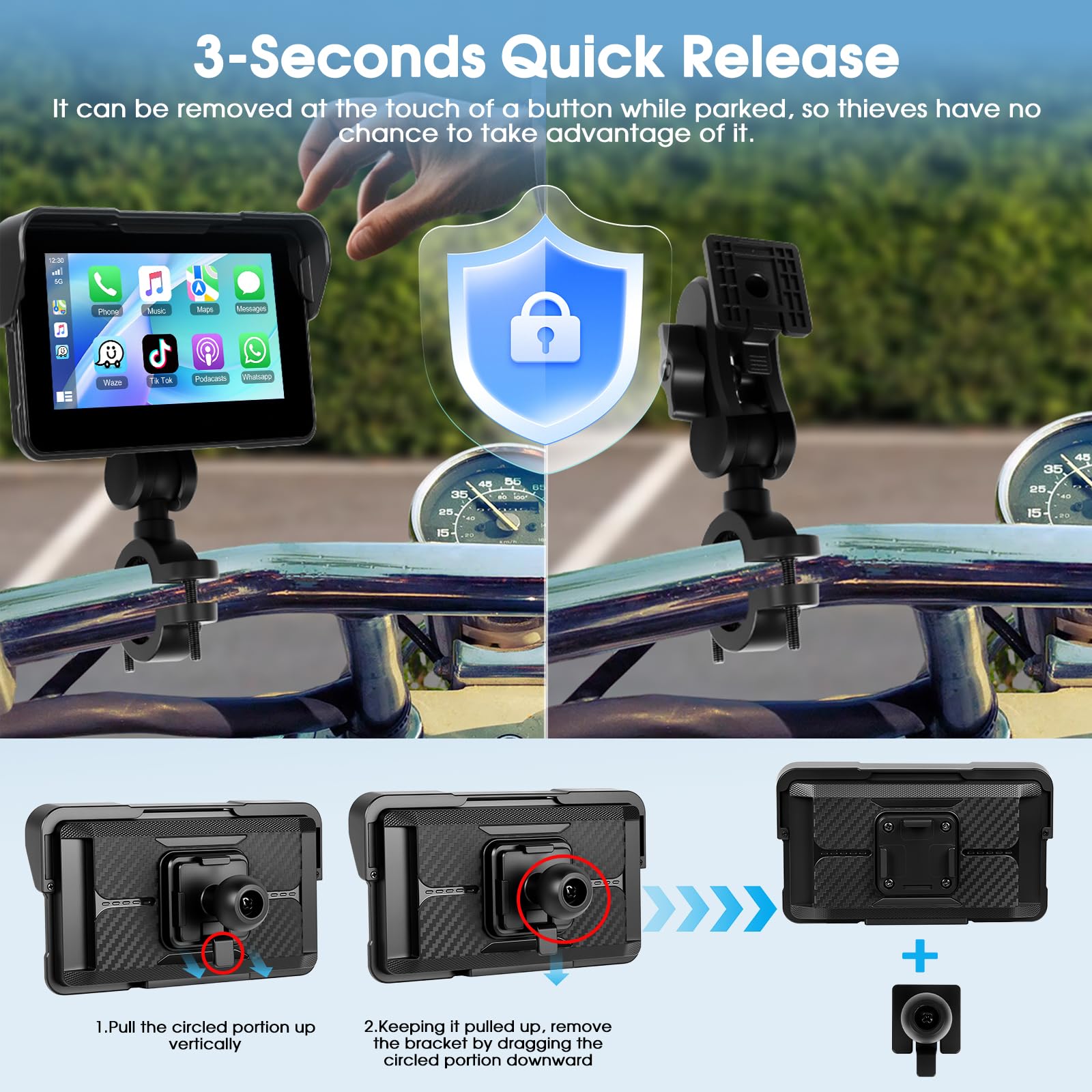 Navegación para Motocicleta con Apple Carplay Android Auto Inalámbrico, Autoradio Portátil con Pantalla Táctil HD De 5 Pulgadas con Bluetooth FM, Impermeable IP68, Navegación GPS, Tarjeta TF