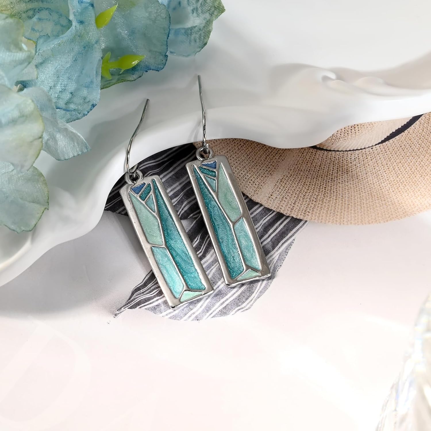 Silver Dangle Blue Earrings for Women Shaped Rectangle Wide Bar Enamel Earrings Colorful Geometric Drop for Summer - Image 6