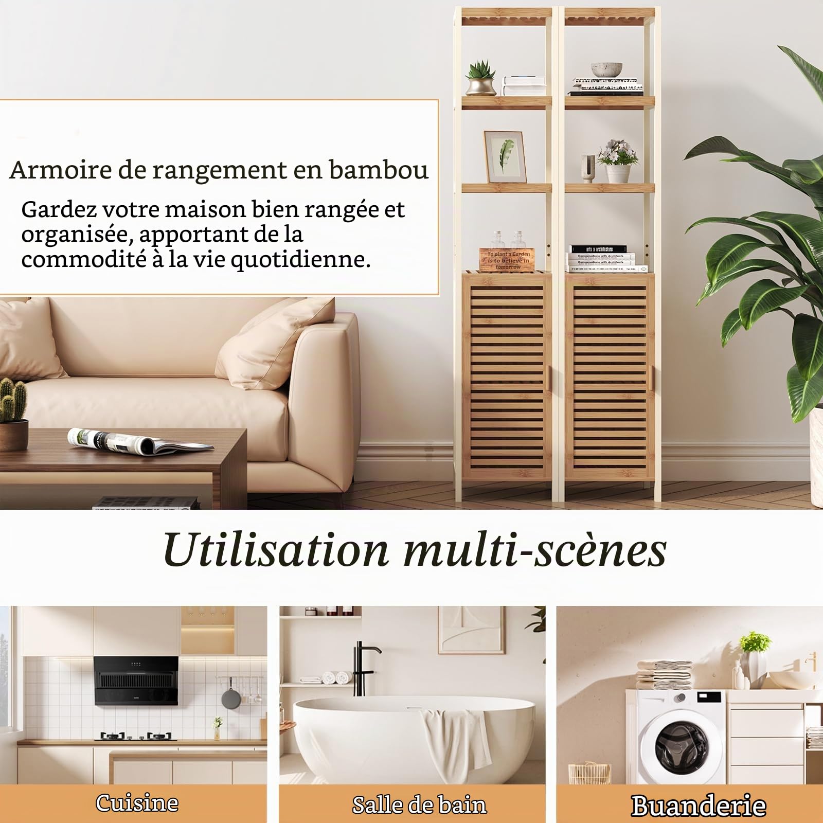 Meuble de Salle de Bain, étagère de Salle de Bain en Bambou, Meuble de Haut et étroit avec 1 Porte, Meuble de Rangement de pour Cuisine, Salon (Beige)